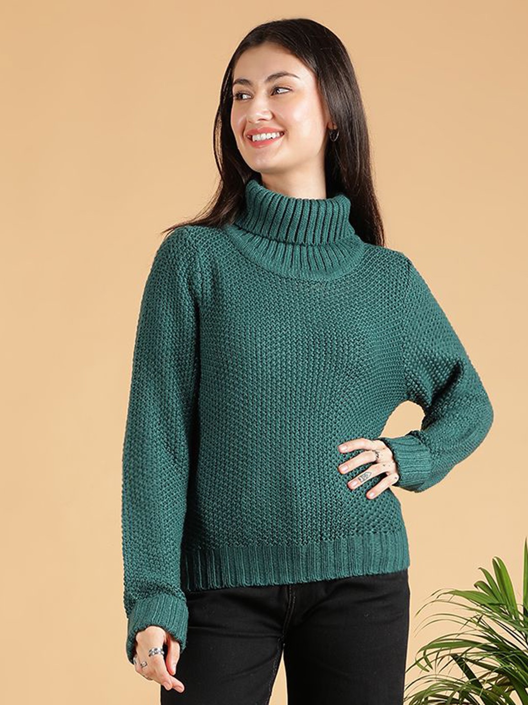 

Kotty Women Turtle Neck Ribbed Pullover Sweater, Green