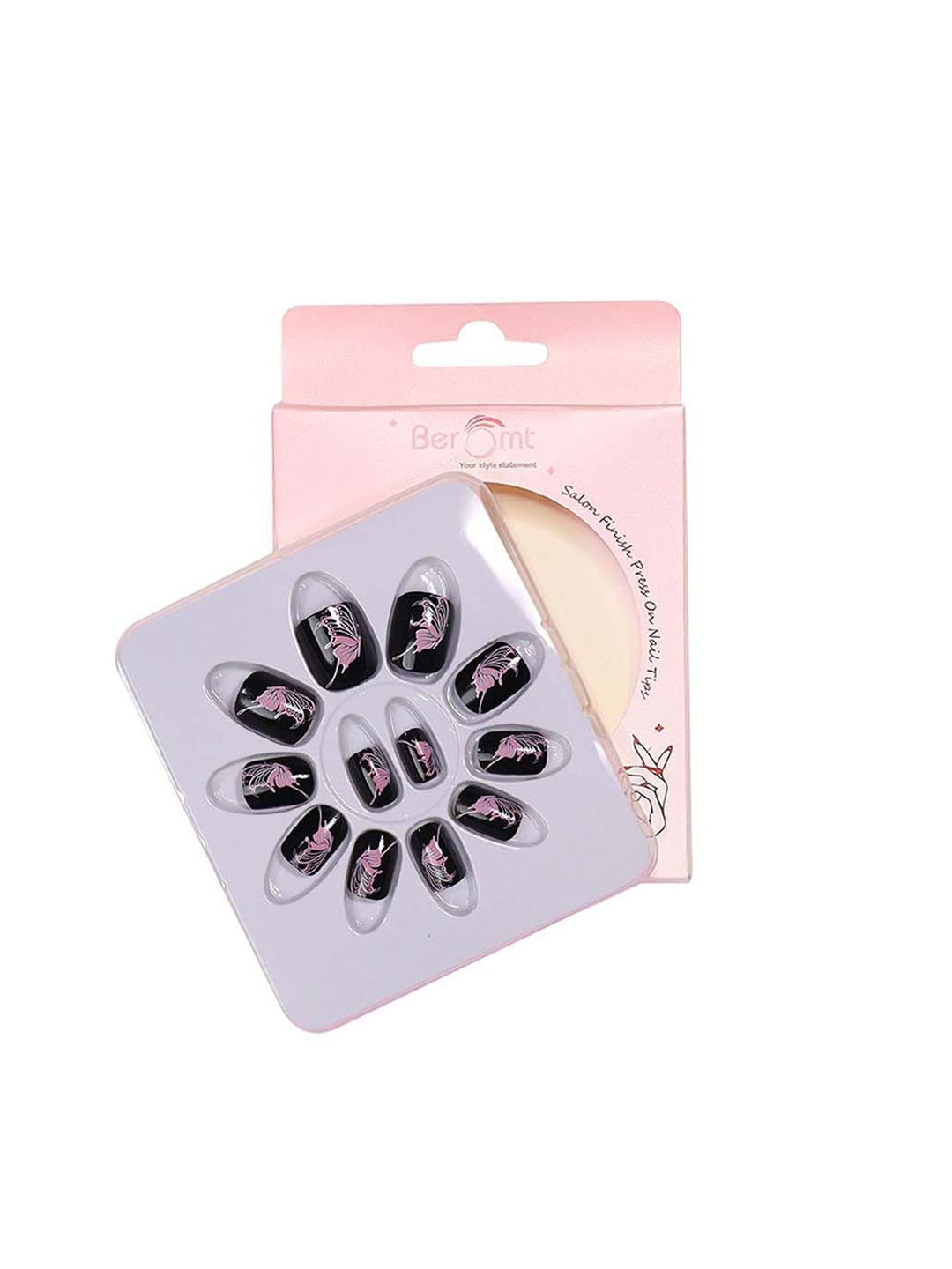 

BEROMT Set Of 16 Press On Artificial Nails With Application Kit - BFN504CN, Black