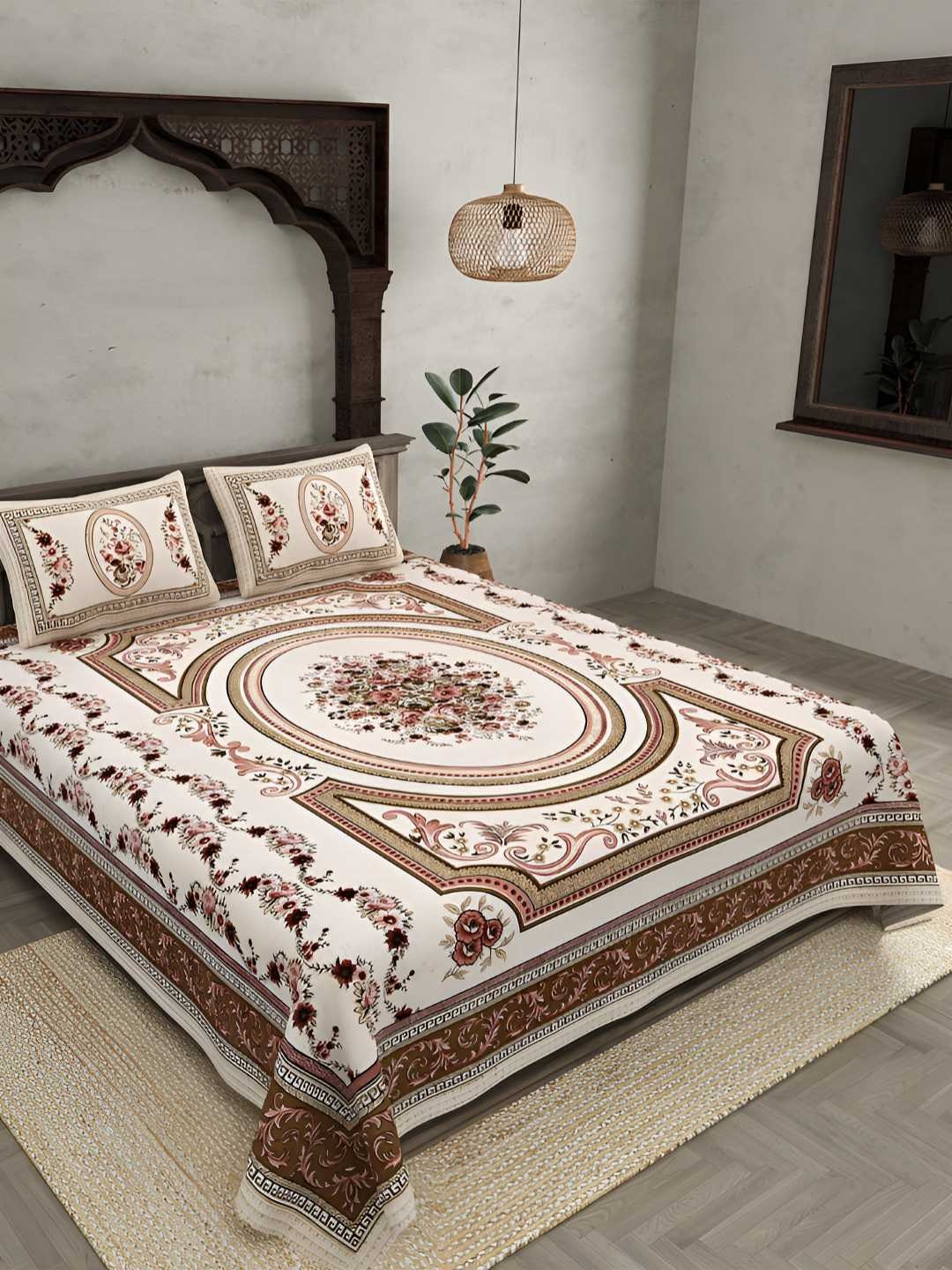 

BED-SHEET.COM Beige Ethnic Motifs Printed 240 TC Cotton King Bedsheet Set 2.74 m x 2.54 m