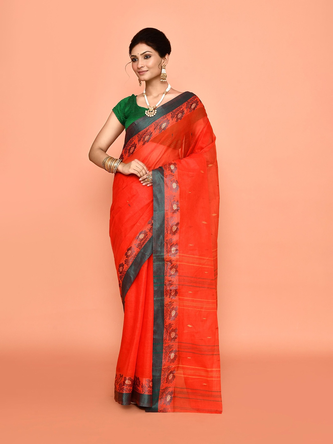 

PUKU Floral Woven Design Pure Cotton Taant Saree, Orange