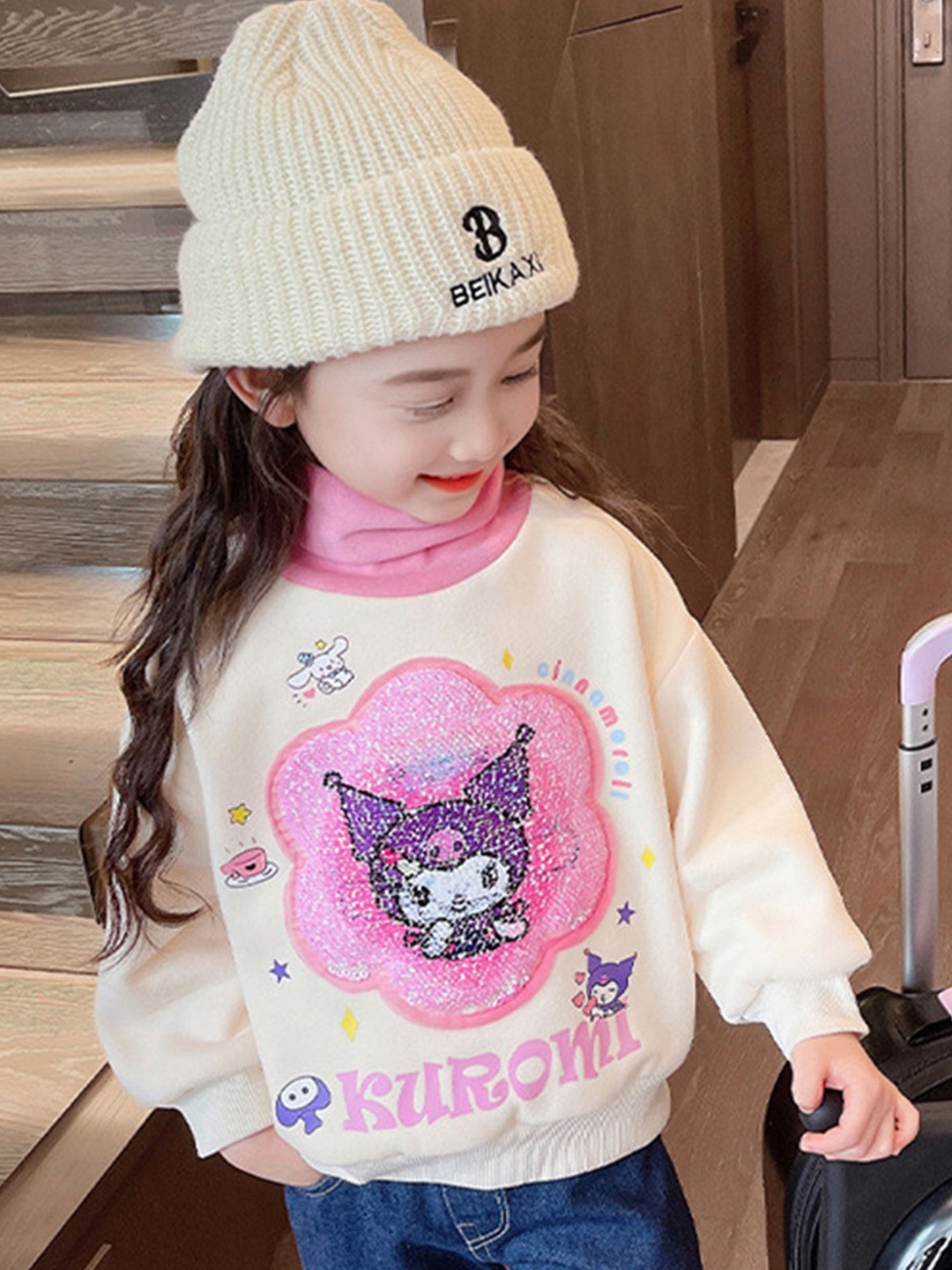 

LULU & SKY Girls High Neck Printed Sweatshirt, Beige