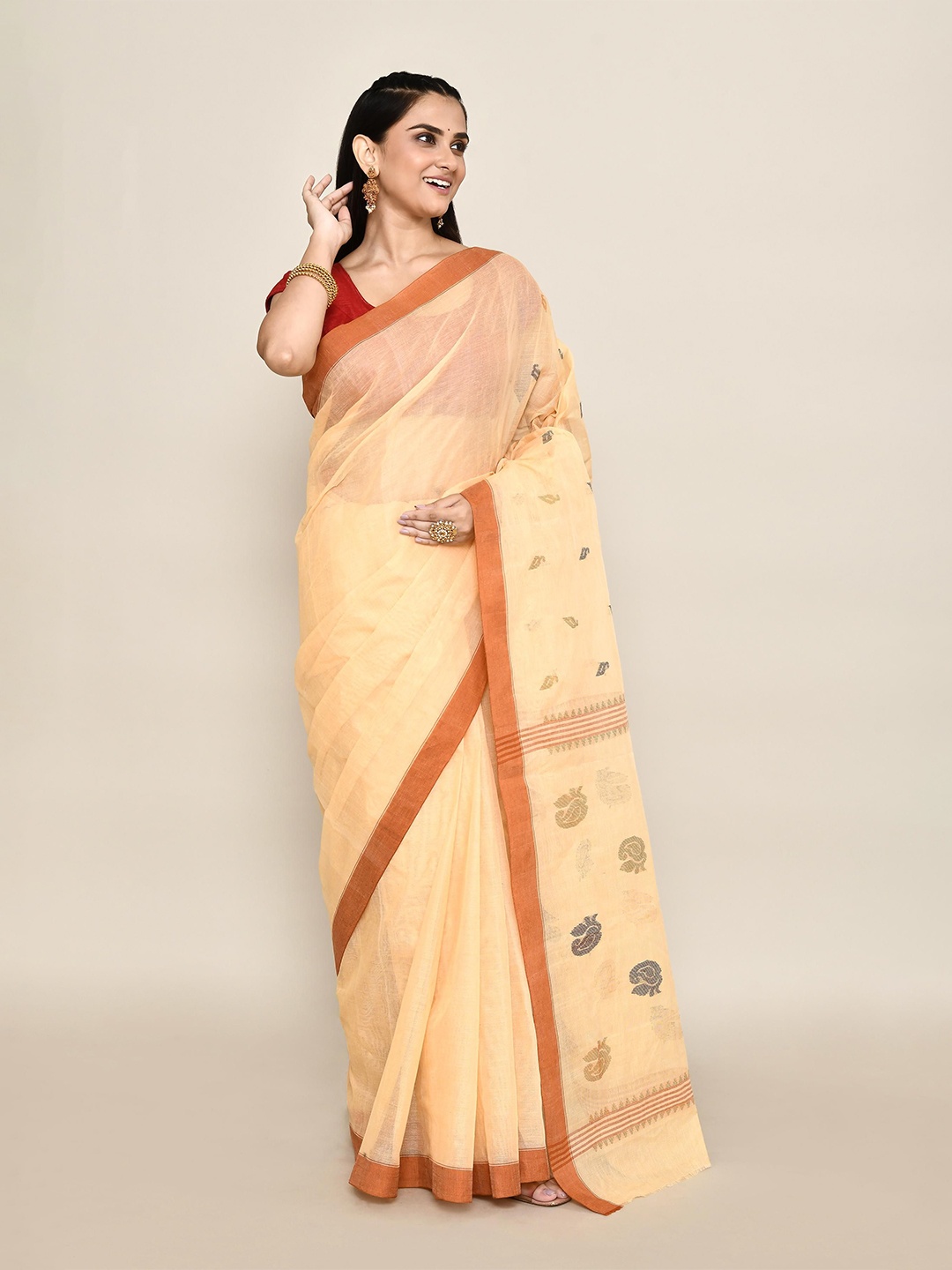 

PUKU Woven Design Pure Cotton Taant Saree, Beige