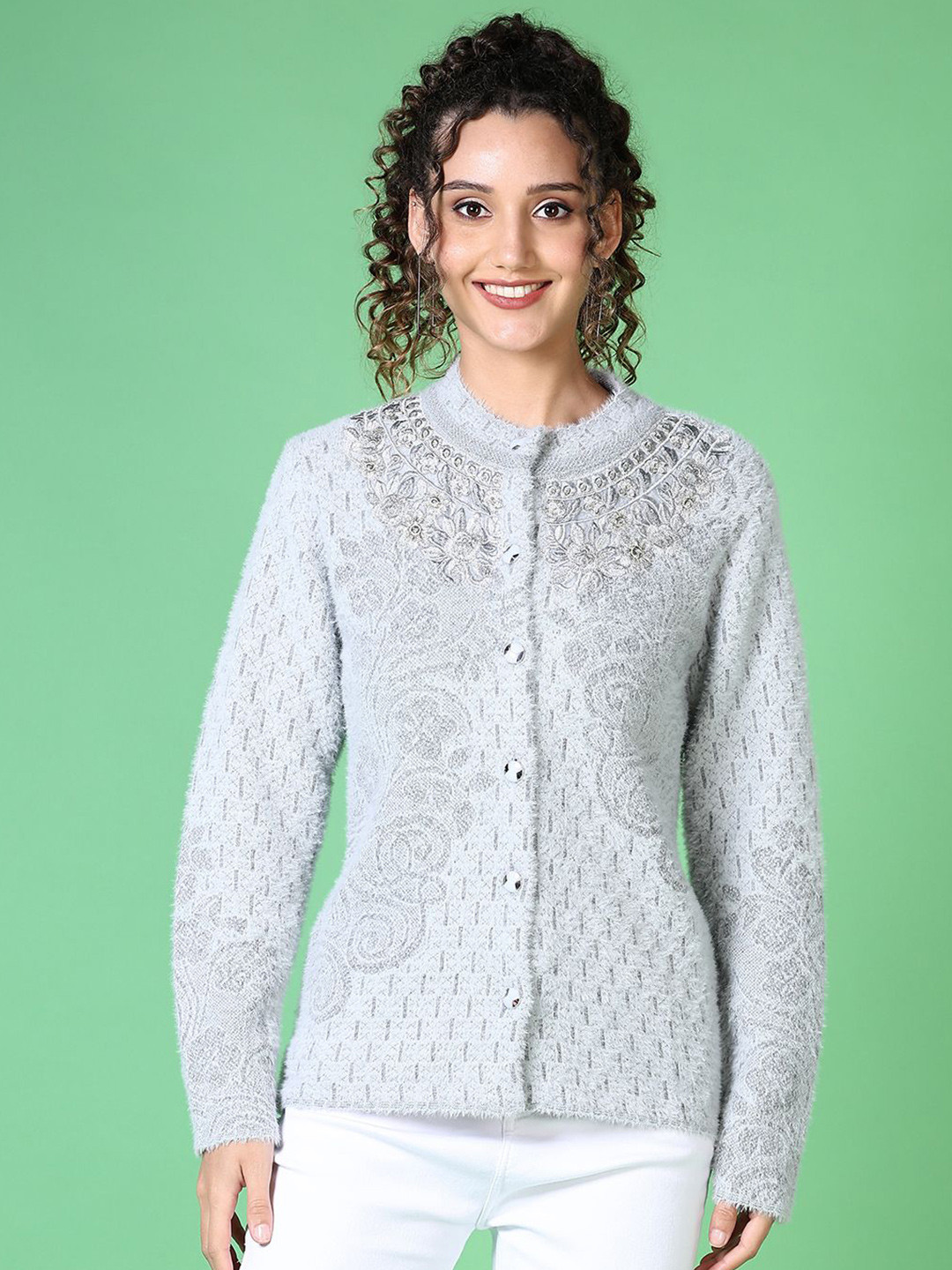 

V-Mart Women Self Design Floral Cardigan, Grey