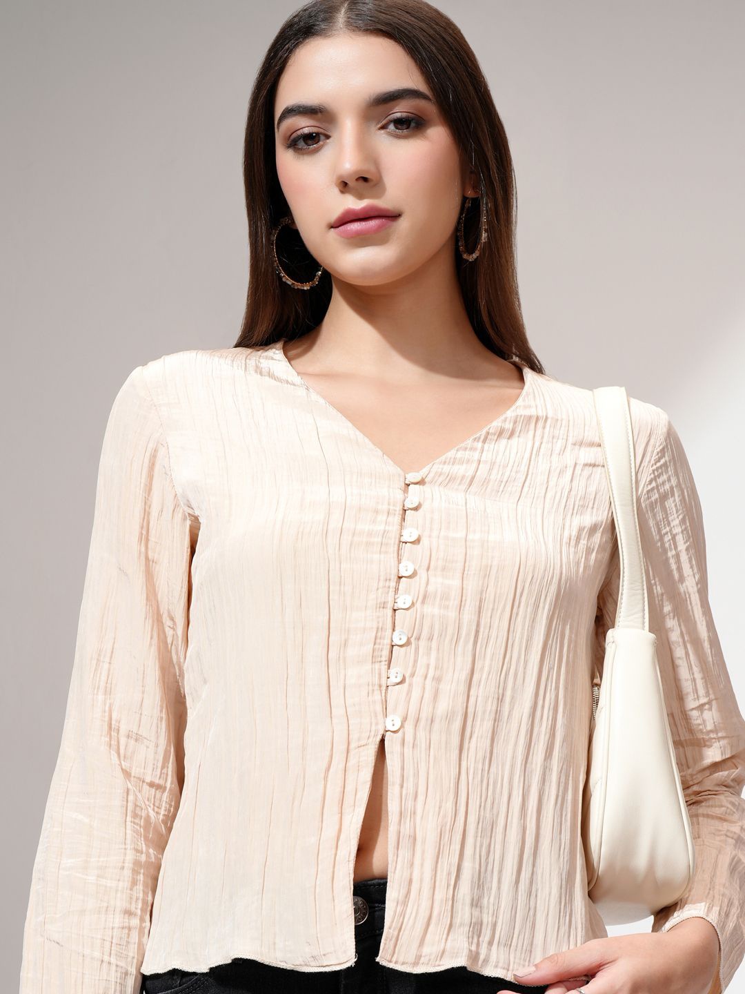 

ESPYR By Tokyo Talkies V-Neck Satin Regular Top, Beige