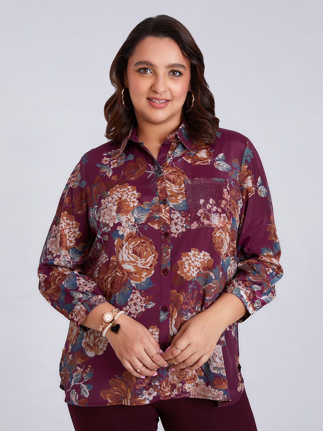 

Presence Women Straight Floral Opaque Printed Casual Shirt, Burgundy