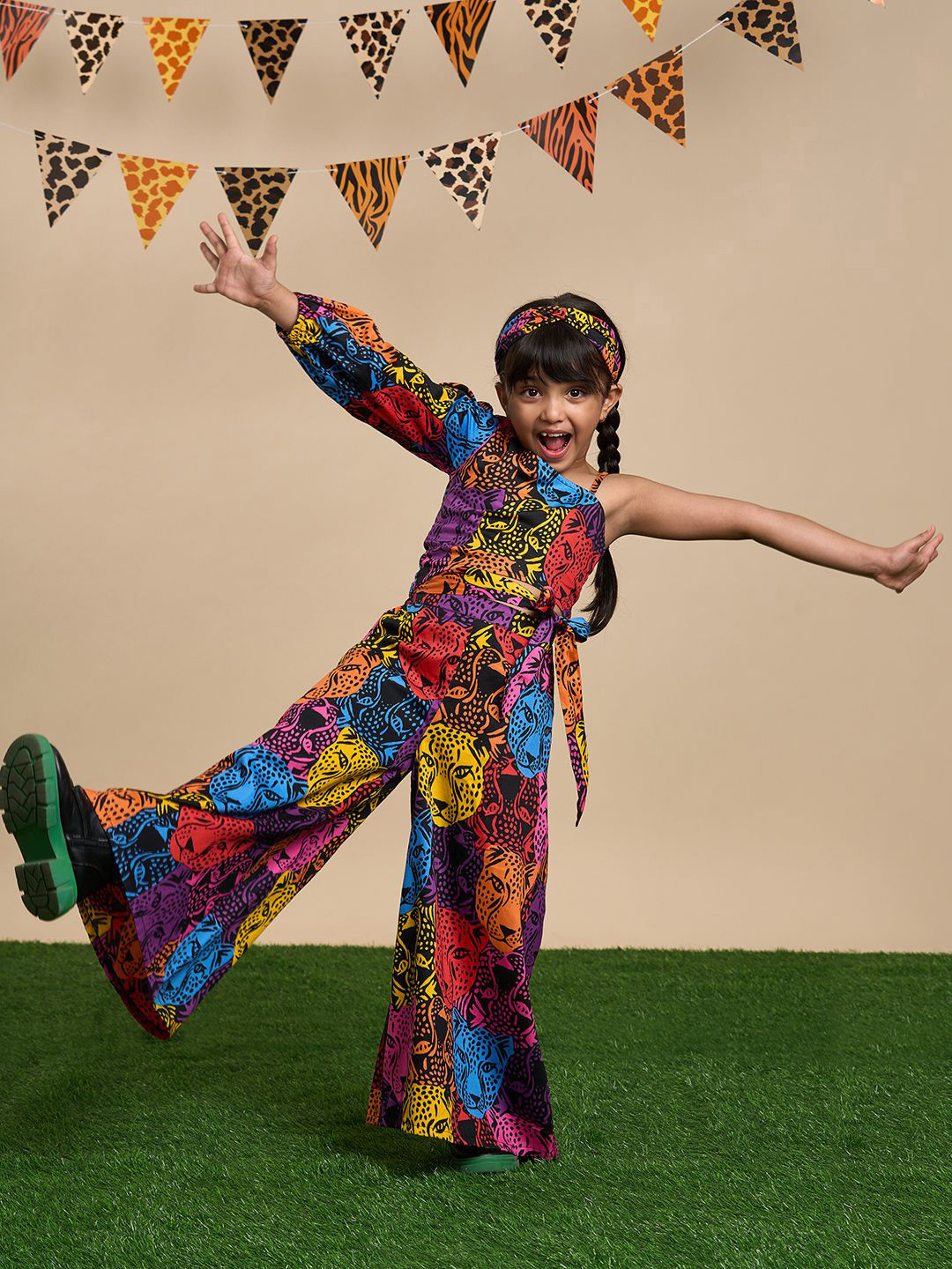 

LIL DRAMA Girls Printed One Shoulder Neck Long Sleeves Pure Cotton Top With Palazzo, Red