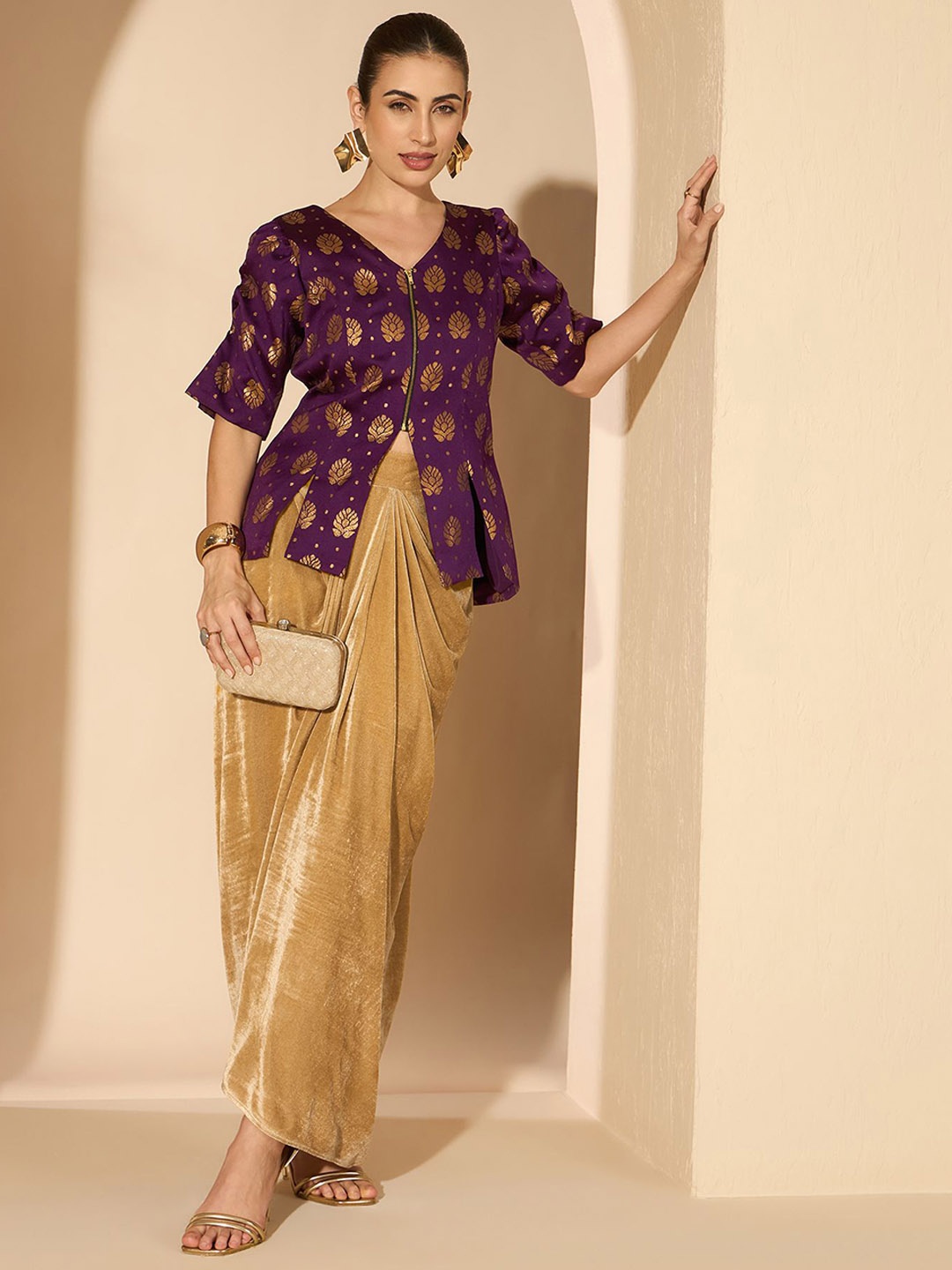 

Antheaa Brocade V-Neck Top With Skirt, Purple