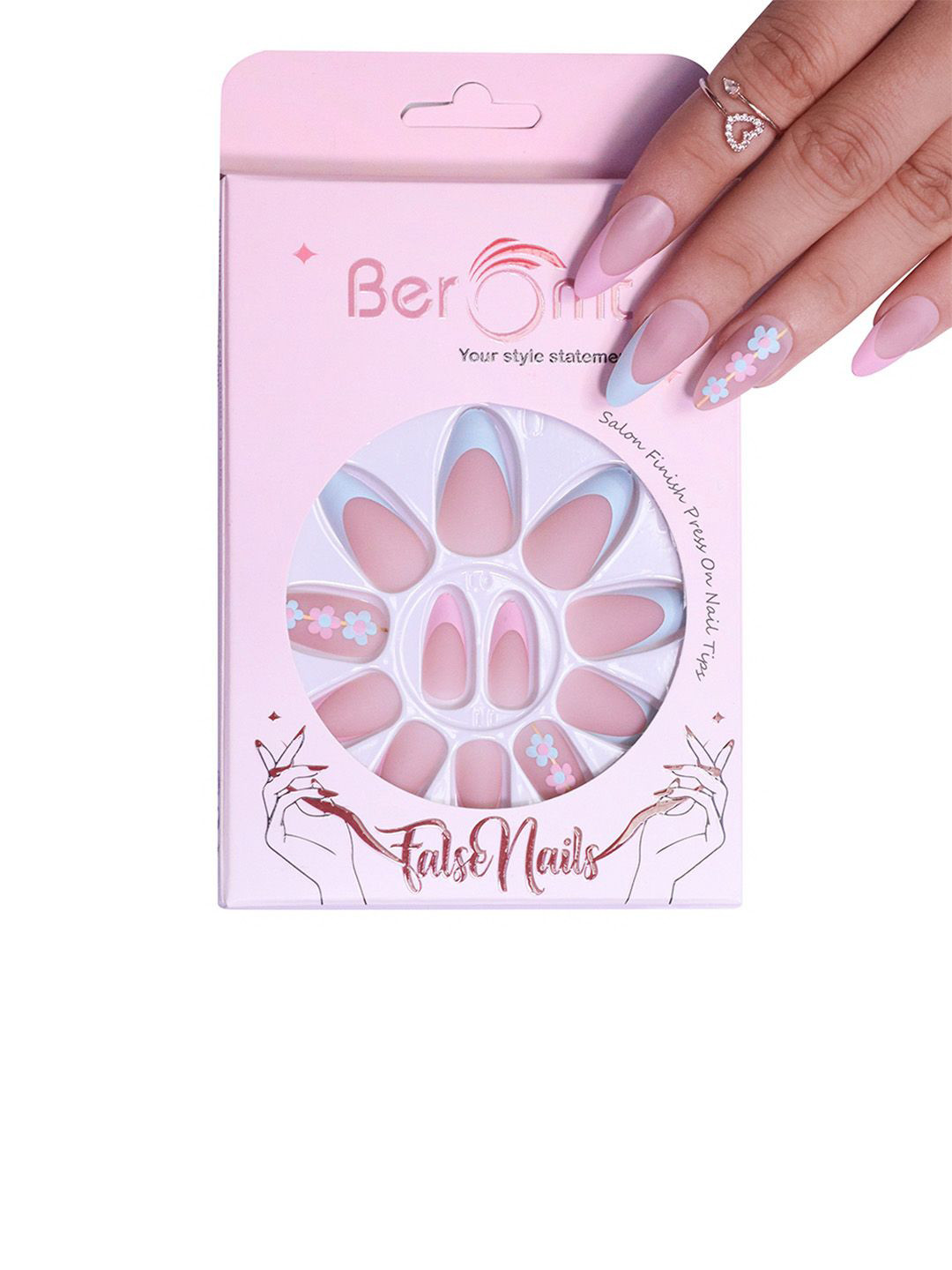 

BEROMT Set Of 12 Salon Finish Press On Nail French Tip With Application Kit - BFN301FN, Pink