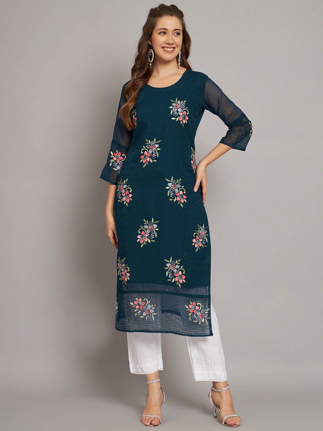 

HERE&NOW Women Floral Embroidered Thread Work Georgette Kurta, Teal