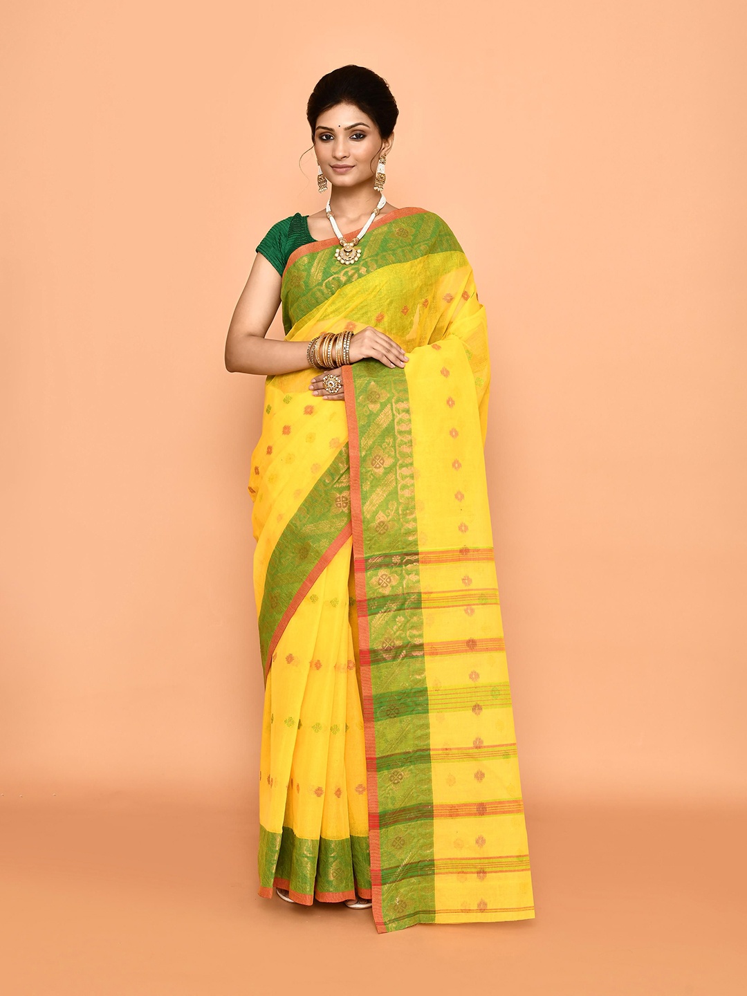 

PUKU Ethnic Motifs Woven Design Patchwork Pure Cotton Taant Saree, Yellow