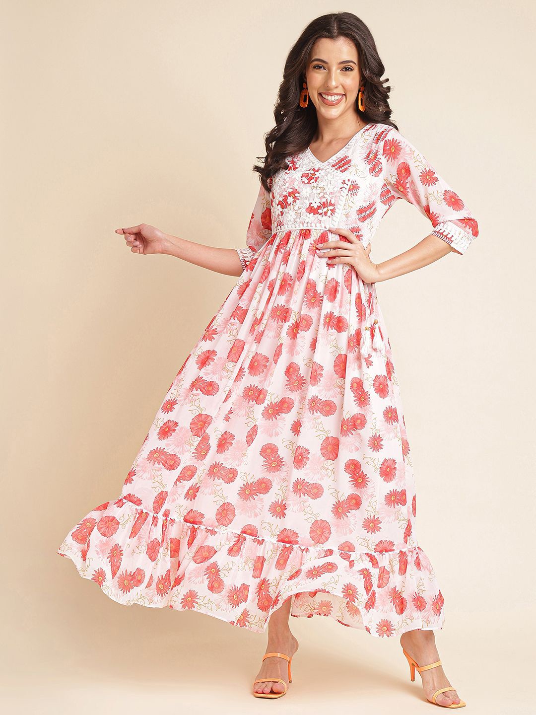 

DressBerry Embroidered Georgette Fit & Flare Maxi Dress, White