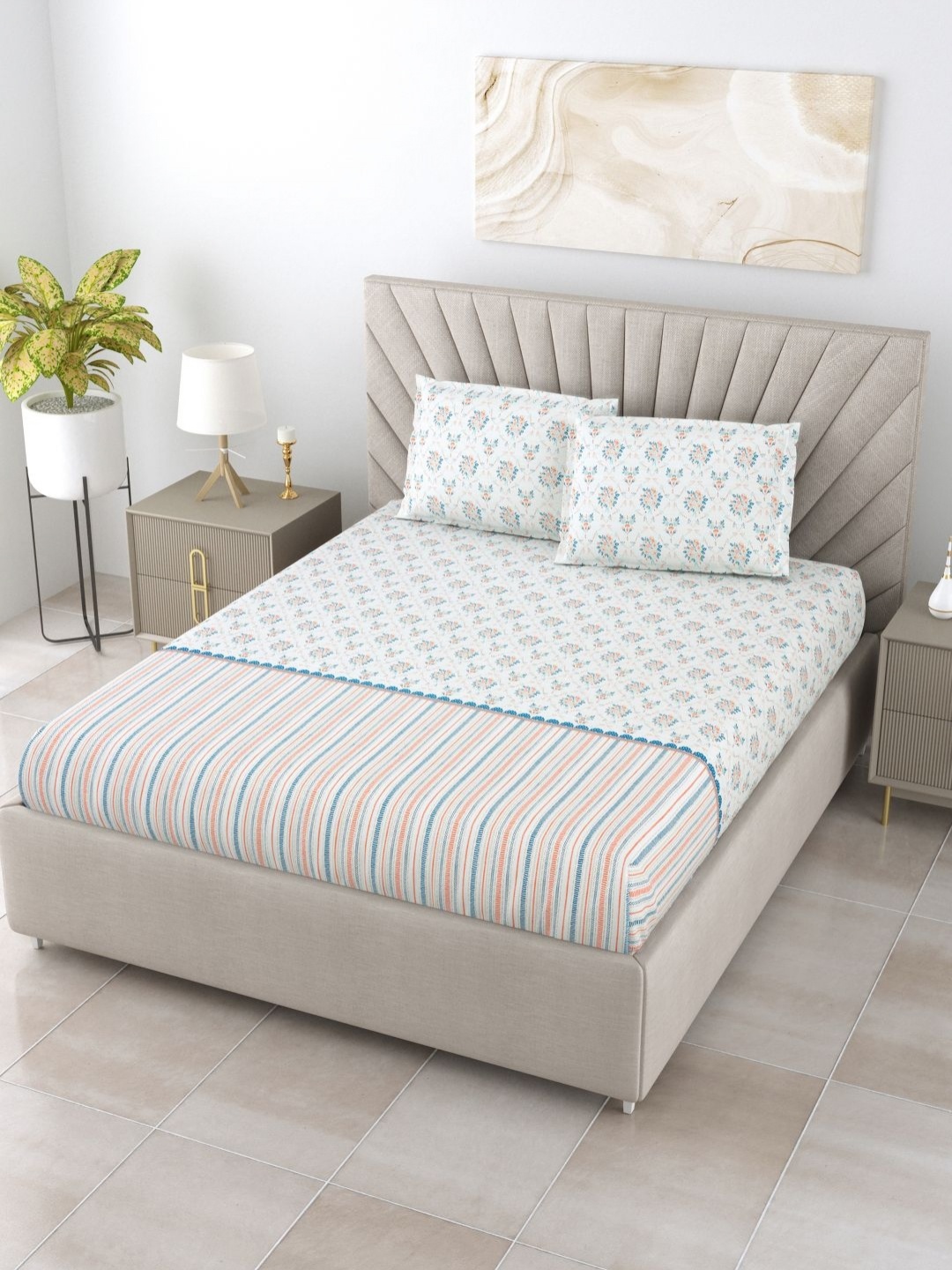 

BOMBAY DYEING THYME Orange Colored Printed Cotton 200 TC King Bedsheet Set 2.74 x 2.74m