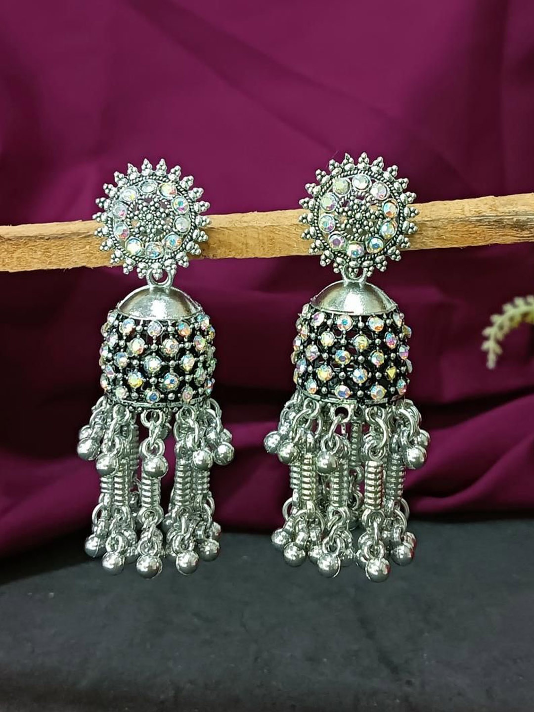 

Efulgenz Rhodium-Plated Dome Shaped Crystals Oxidised Jhumkas, Silver