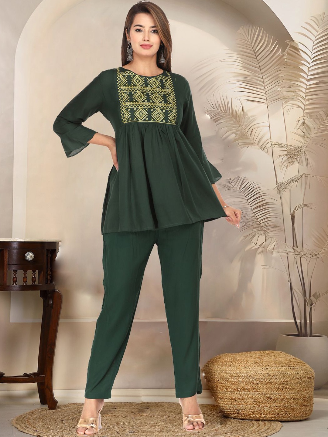 

MARISY Floral Embroidered Round Neck Bell Sleeves Thread Work Top & Trousers, Green