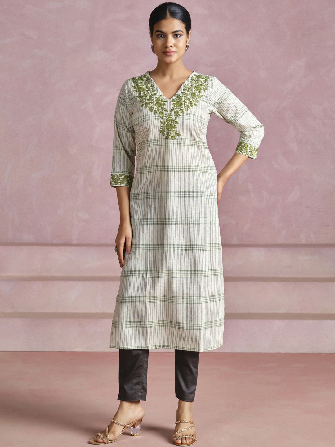 

Jaipur Kurti Striped Thread Work Embroidered V-Neck Cotton Straight Kurta, Off white