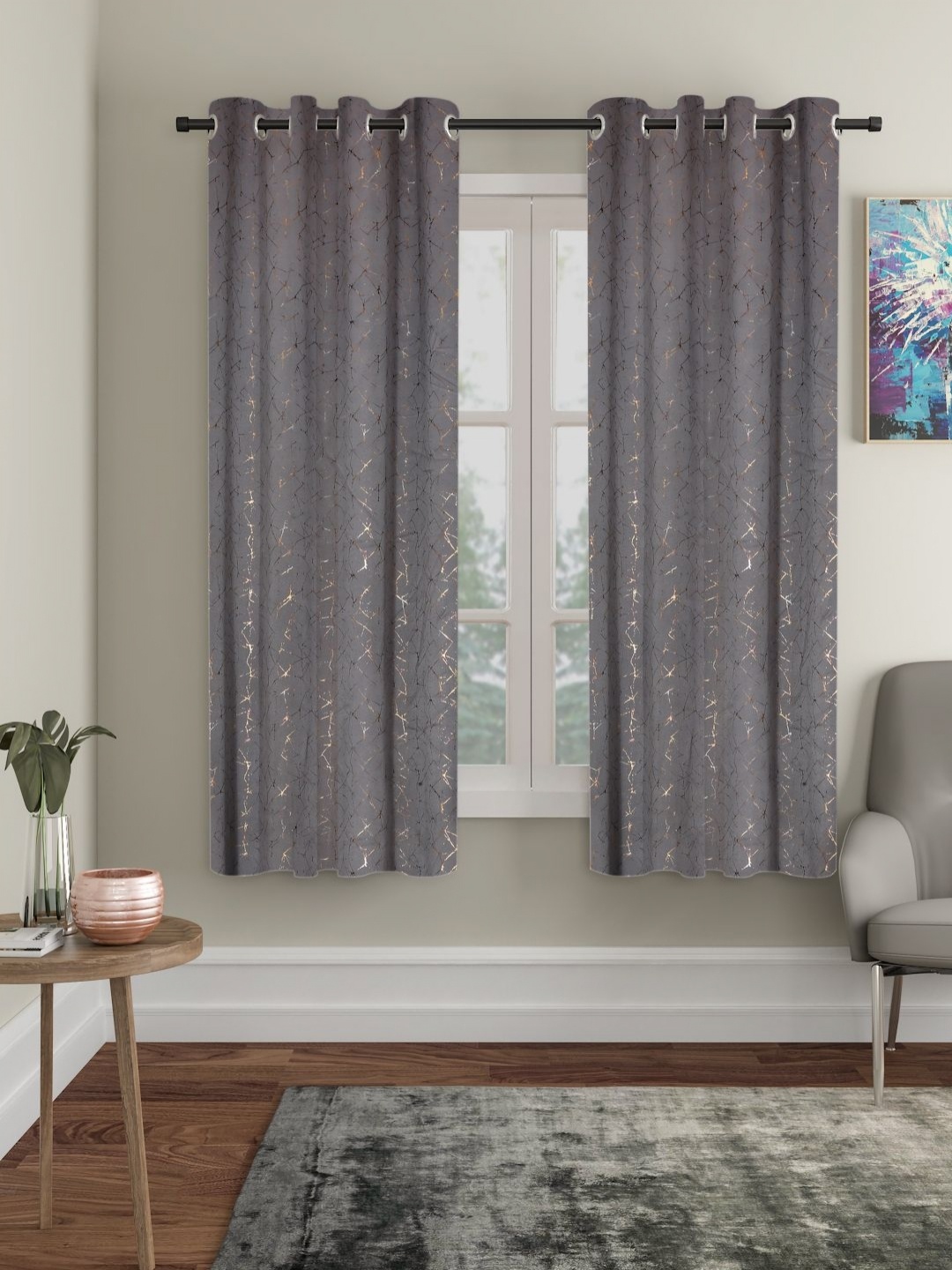 

SOKNACK Grey & Brown 2 Pieces Abstract Printed Black Out Window Curtains