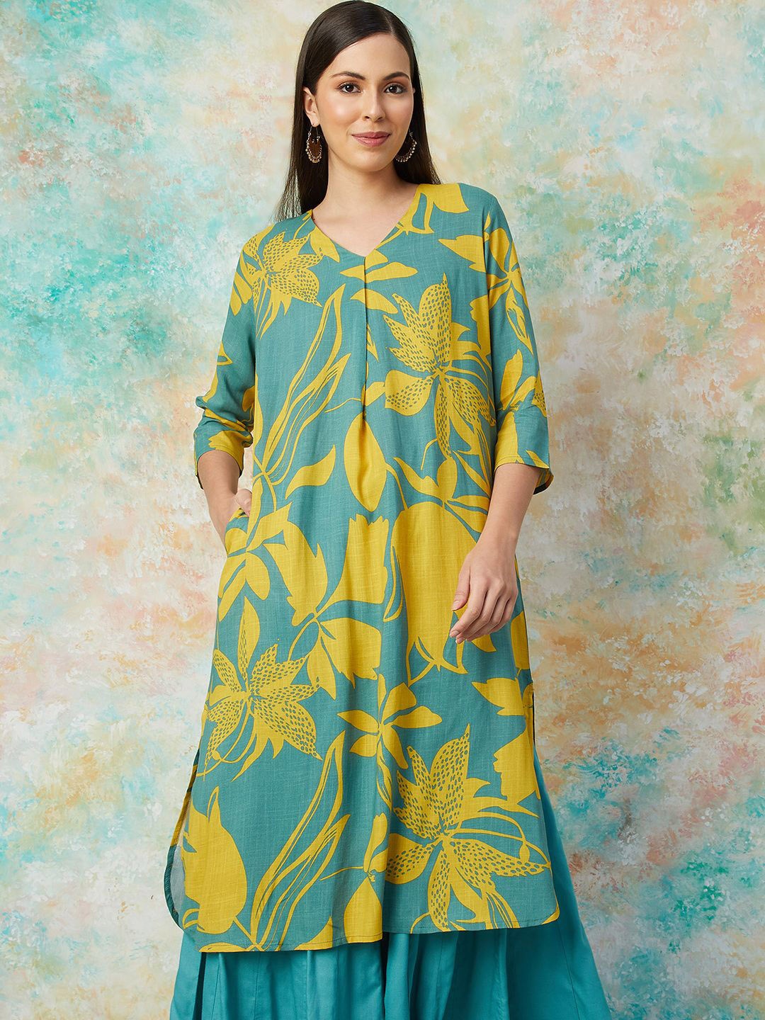 

Melange by Lifestyle Floral Printed Three-Quarter Sleeves Straight Kurta, Yellow