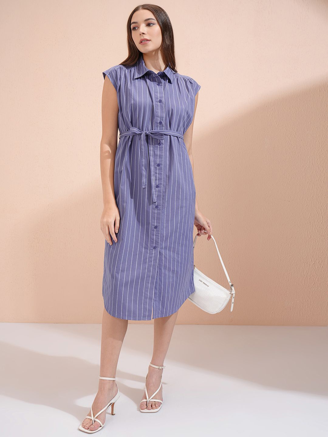 

ESPYR By Tokyo Talkies Women Striped Shirt Collar Sleeveless Shirt Dress, Blue