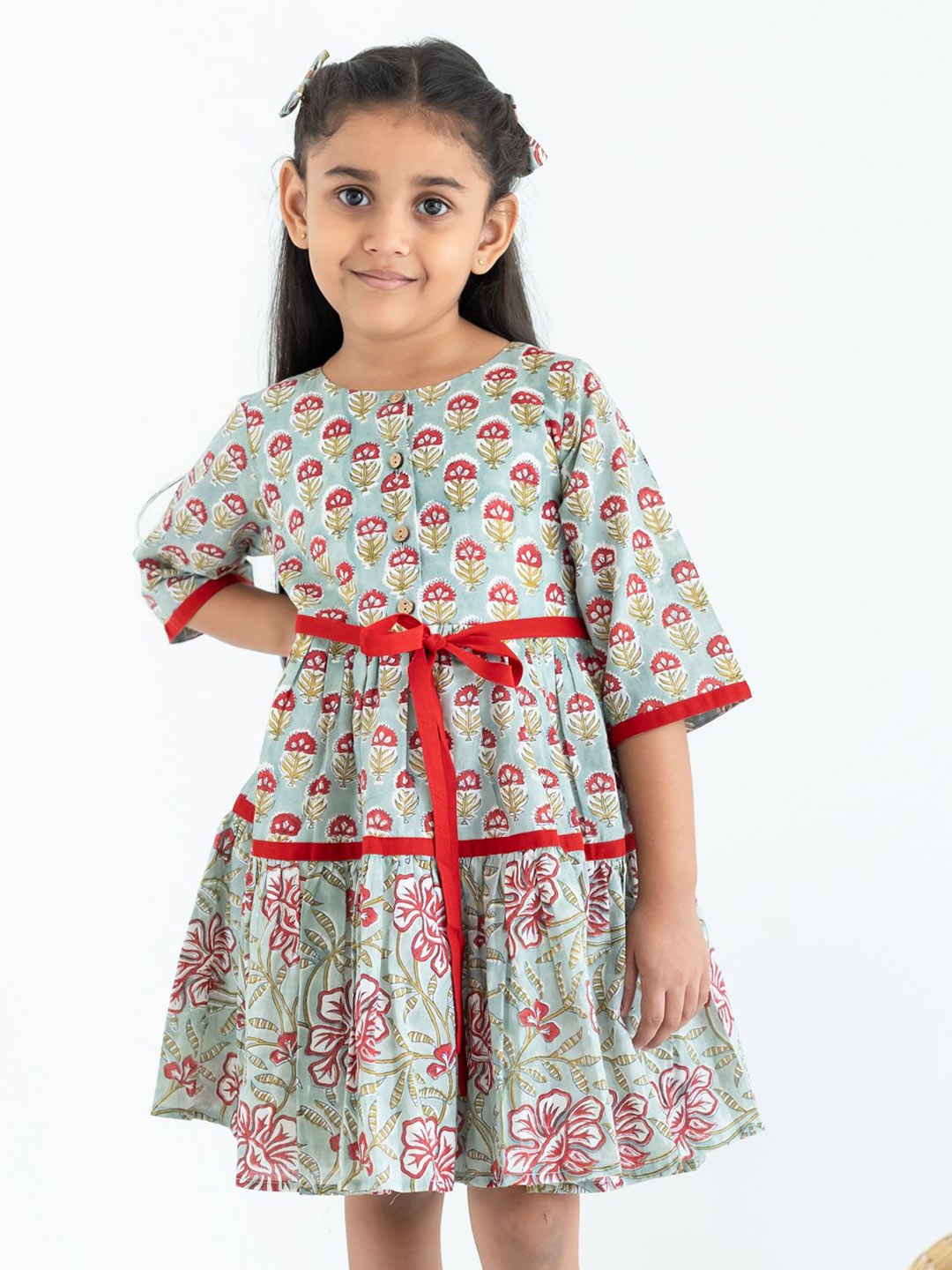 

Soleilclo Girls Ethnic Motifs Printed Cotton Fit & Flare Dress, Blue