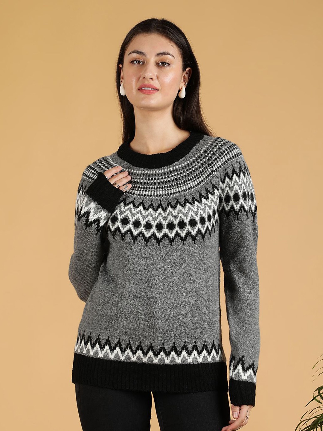 

Kotty Women Geometric Design Cotton Cardigan, Grey