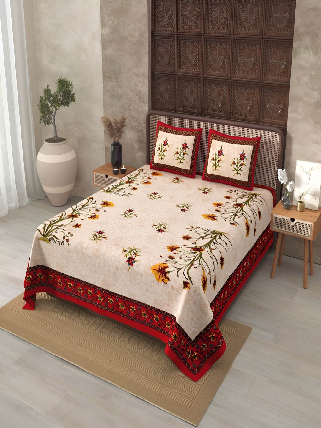 

BED-SHEET.COM Orange & Green Floral 180 TC King Bedsheet with 2 Pillow Covers