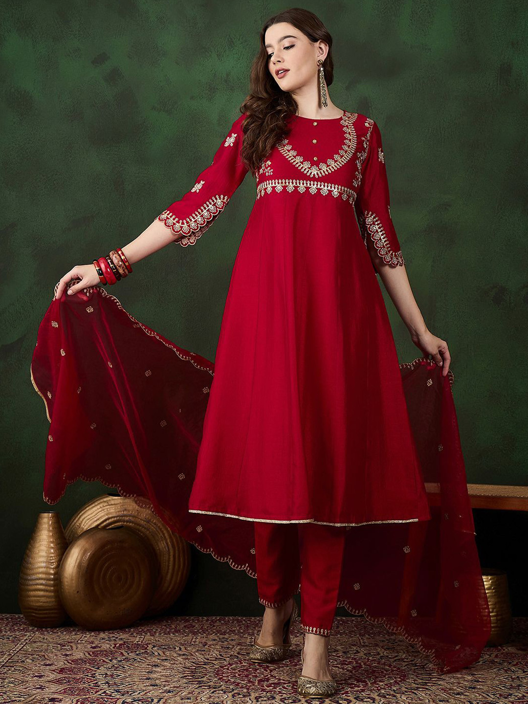 

Sangria Round Neck Floral Zari Embroidered Straight Kurta with Trouser and Dupatta, Red