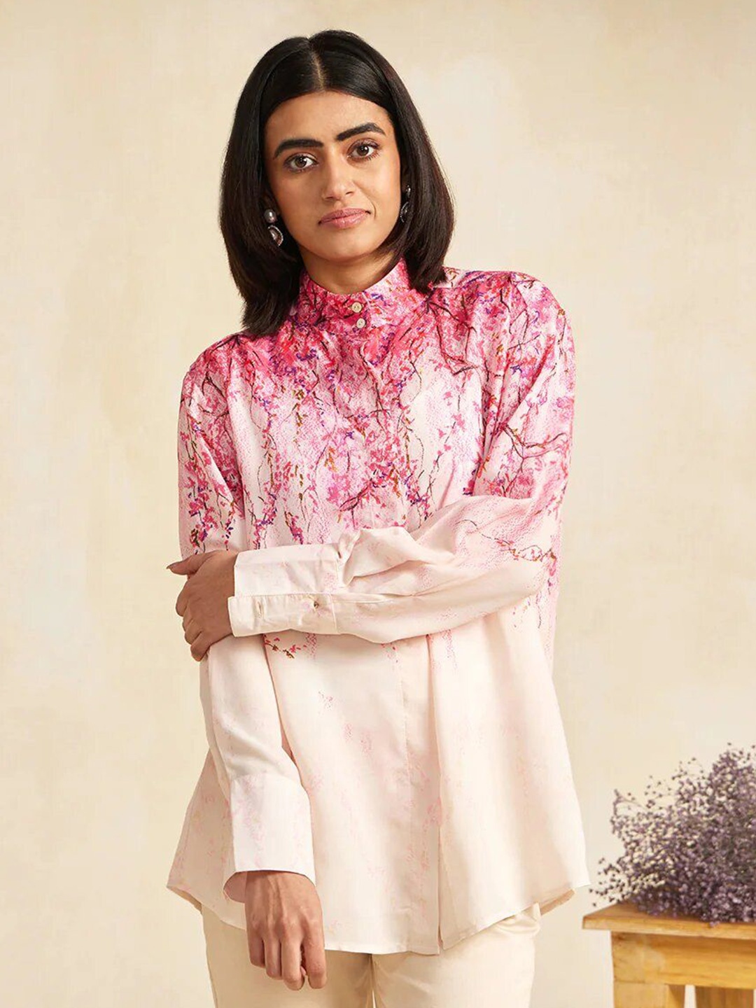 

DressBerry Women Printed Mandarin Collar Shirt Style Top, Pink