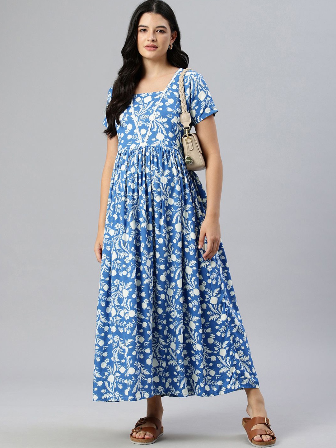 

Swishchick Floral Printed Maternity Fit & Flare Maxi Dress, Blue