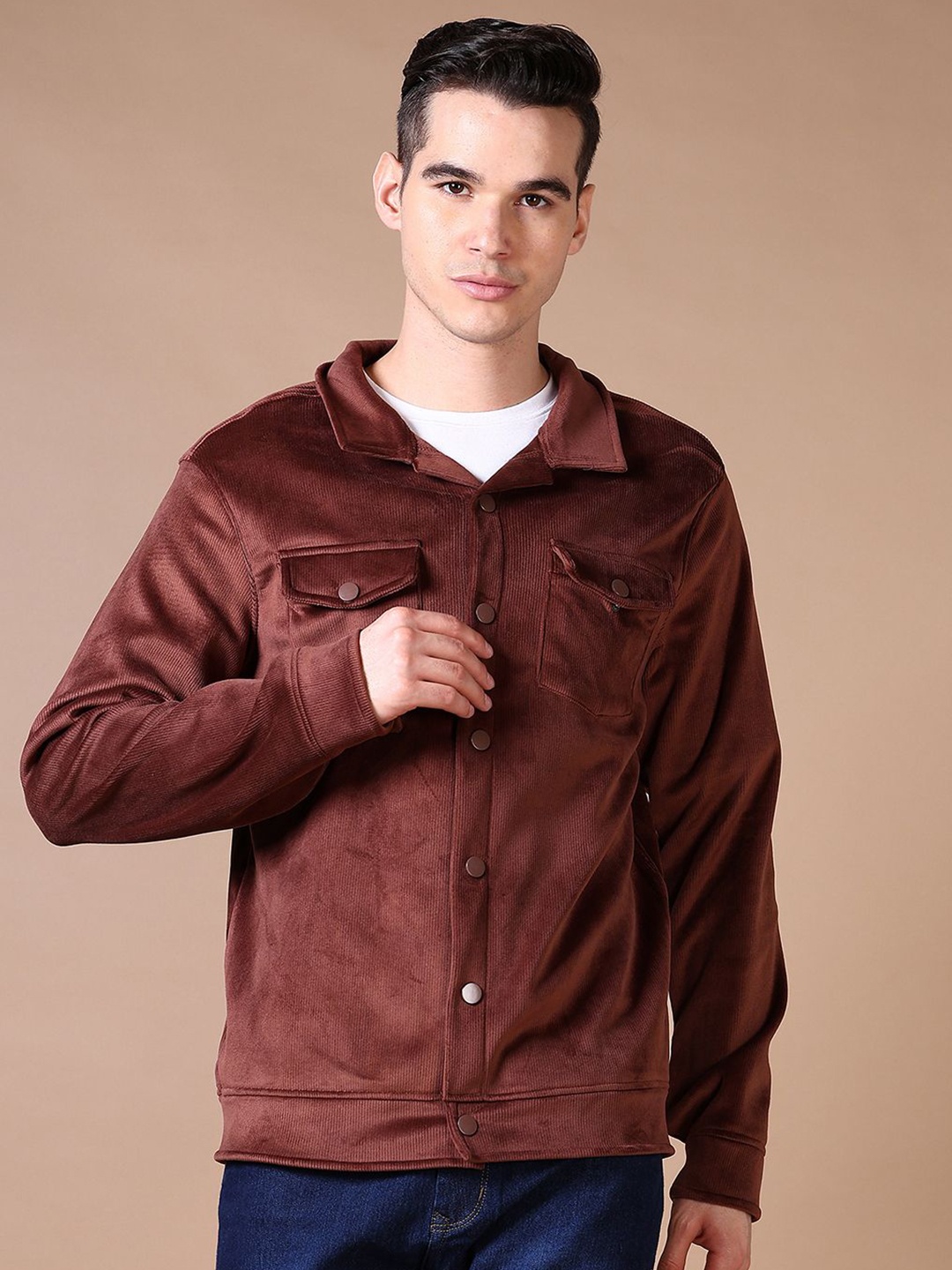 

V-Mart Men Shirt Collar Cotton Sweatshirt, Brown