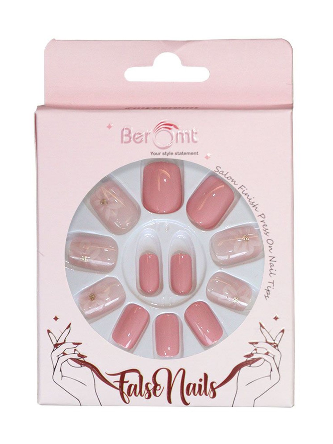 

BEROMT Set Of 16 Jelly Stick On Printed Nails With Filer, Cuticle Stick, Swab & Glue, Pink
