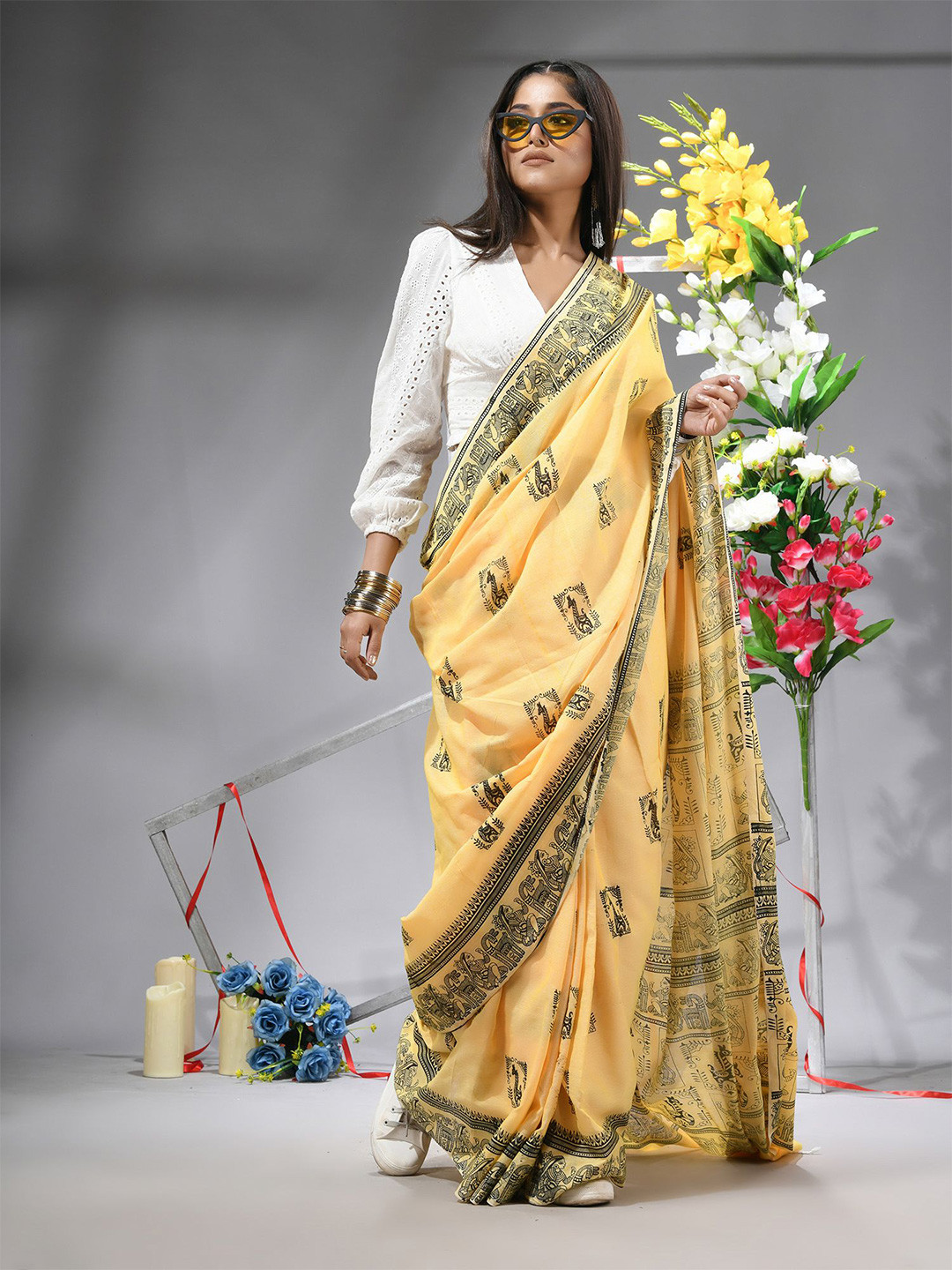 

TANTLOOM Ethnic Motifs Printed Pure Cotton Saree, Yellow