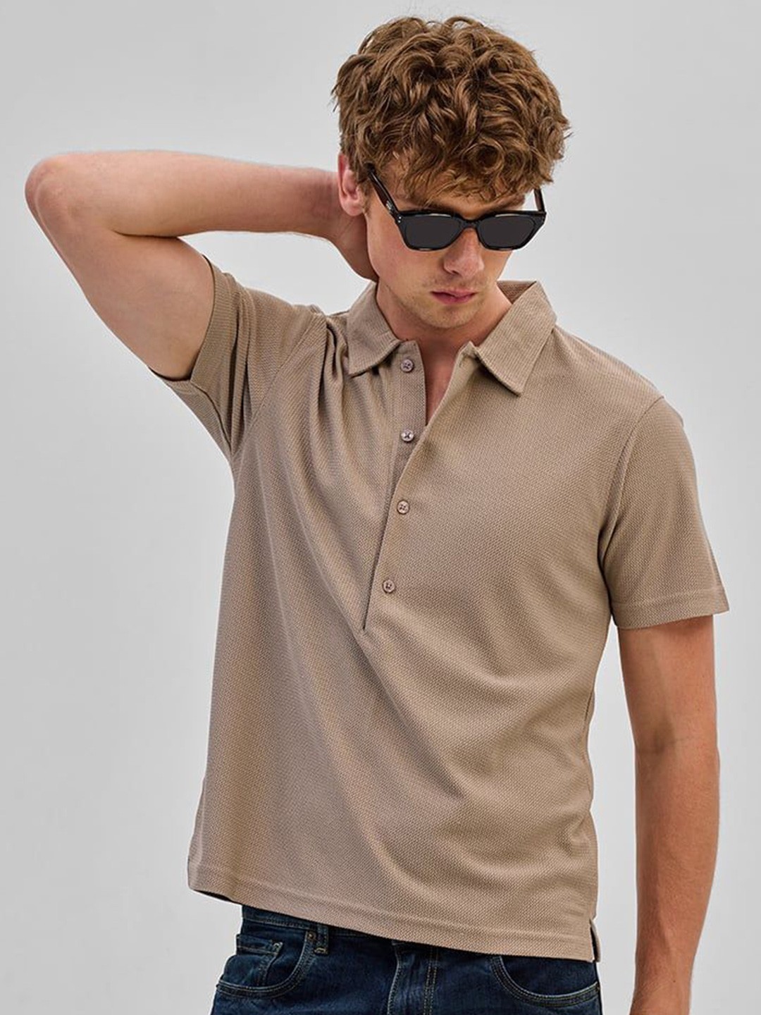 

Snitch Men Self Design Polo Collar Slim Fit T-shirt, Beige