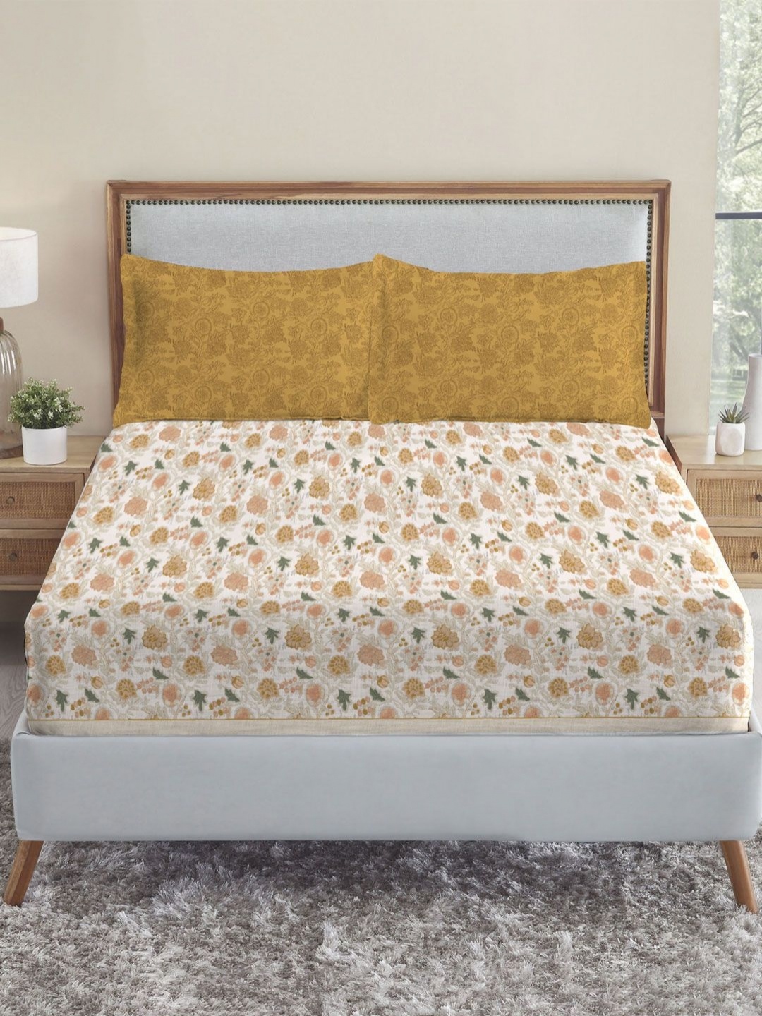

MYTRIDENT Bagru Road To Jaipur Flat 210TC King Cotton 1 Bedsheet with 2 Pillow Covers, Mustard