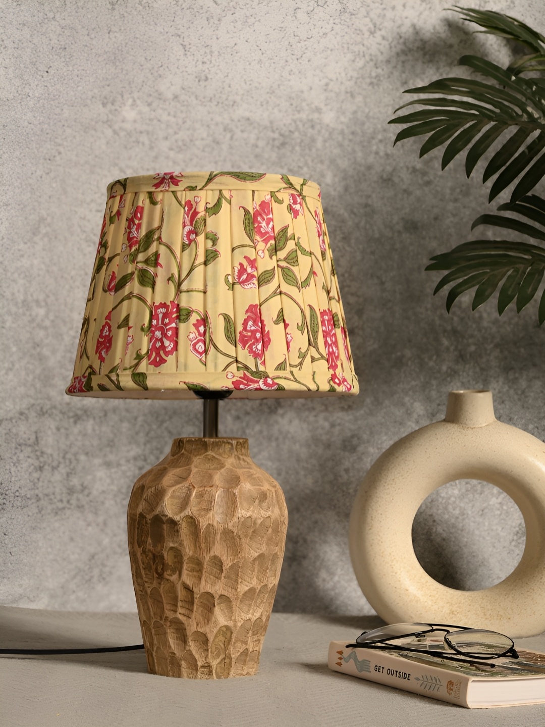 

green girgit Brown Floral Printed Wood Contemporary Bell Shaped Table Lamp