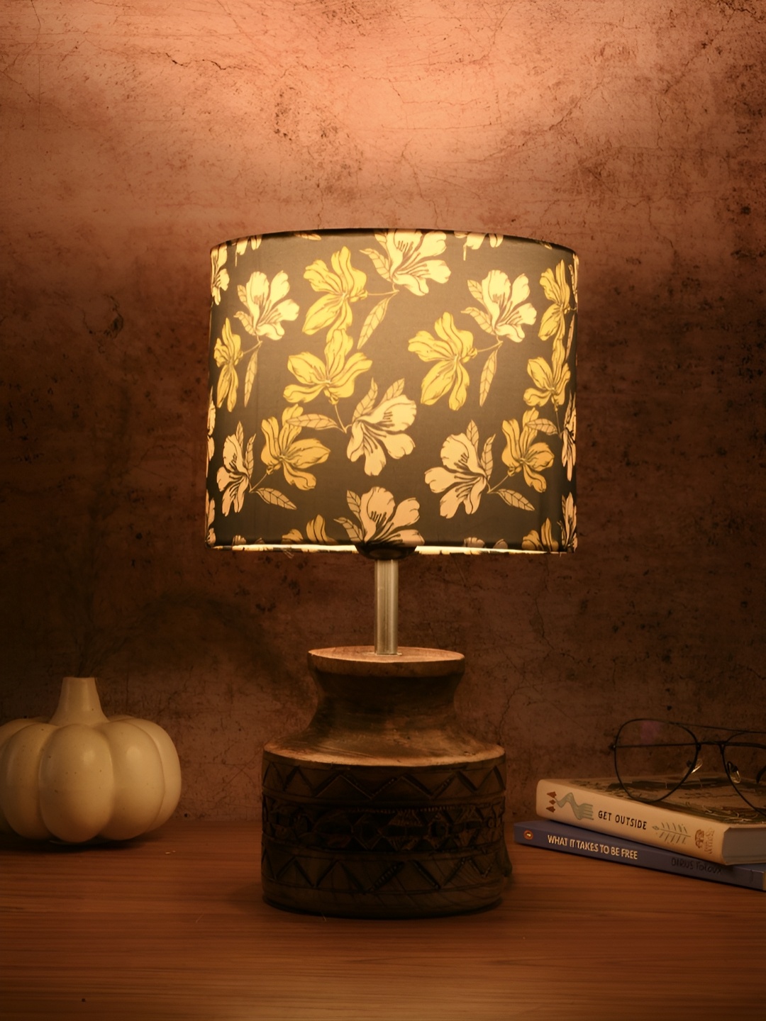 

green girgit Brown Printed Wood Cylindrical Shaped Table Lamp