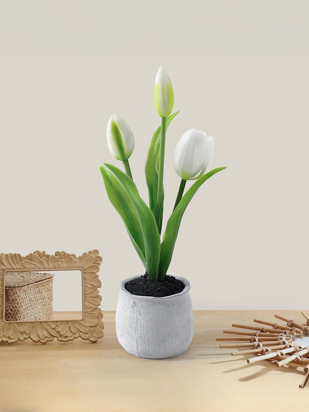 

Ekhasa White & Green Tulip Bonsai Artificial Flower With Pot