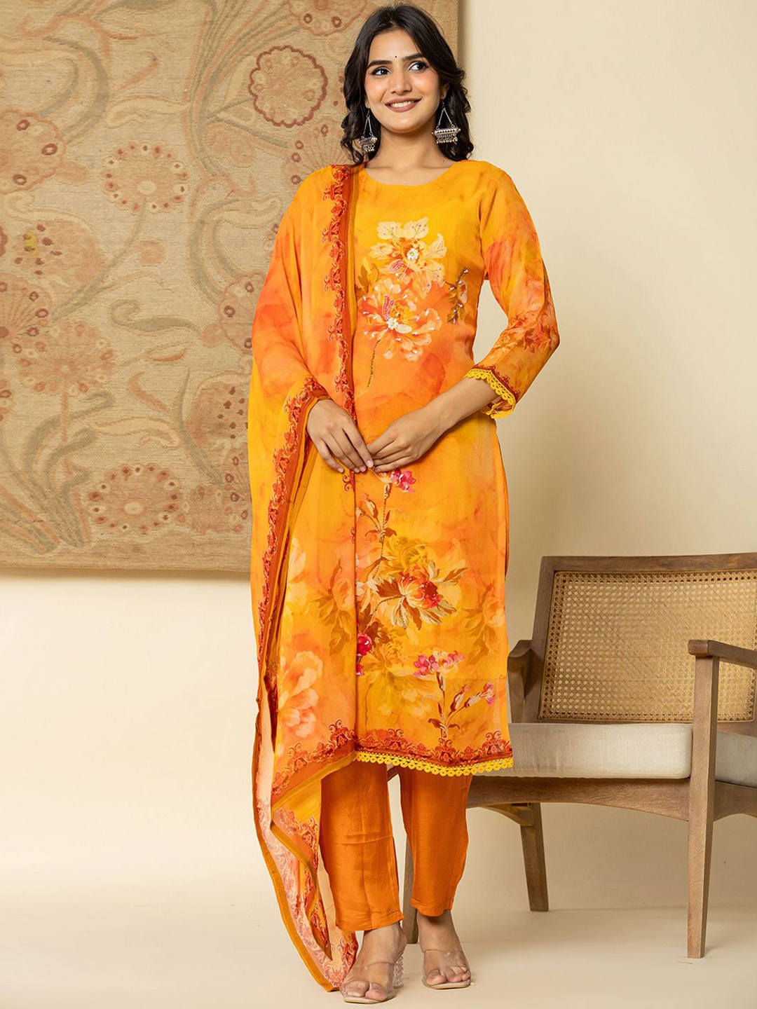 

Yufta Orange Floral Printed Regular Sequinned Organza Kurta With Trouser With Dupatta