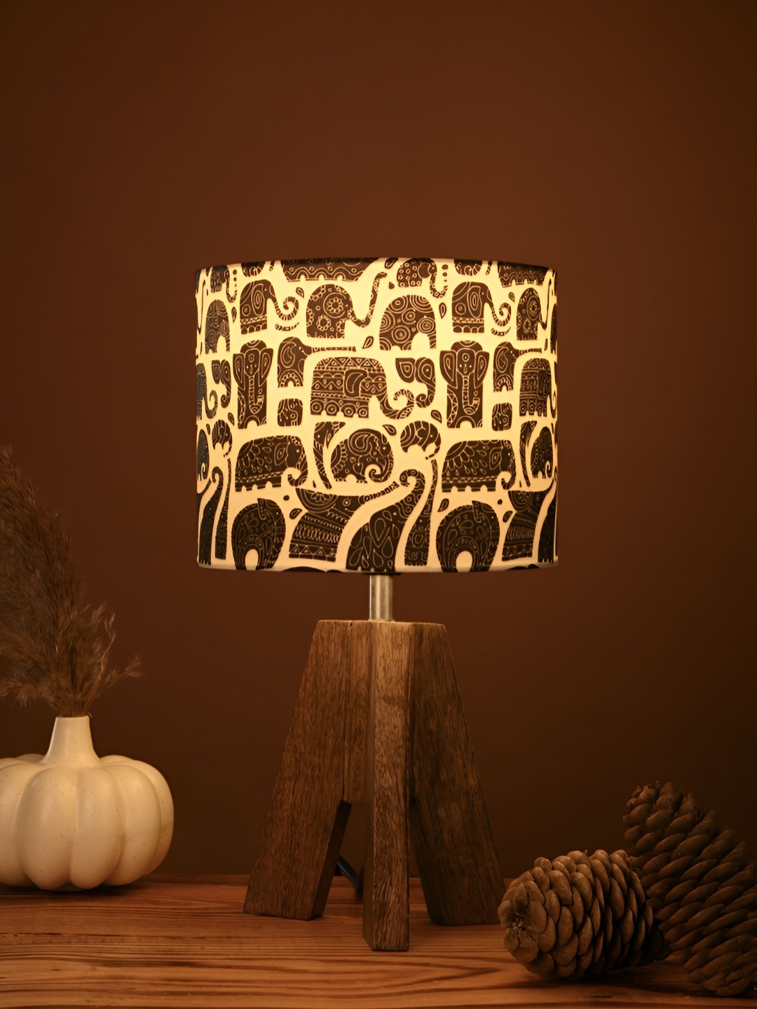 

green girgit Brown Printed Wood Cylindrical Shaped Table Lamp