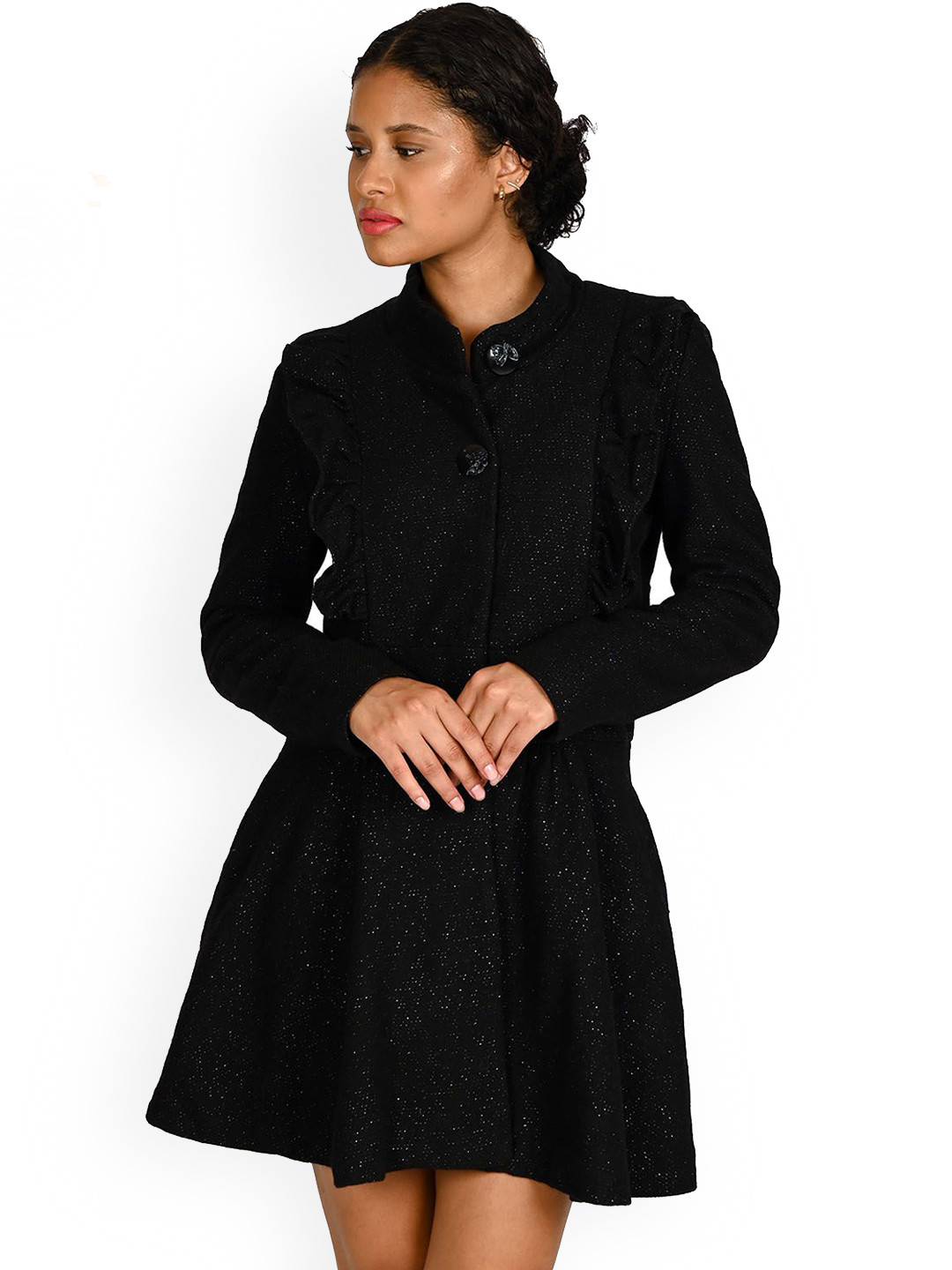 

ODETTE Women Woollen Longline Open Front Jacket, Black