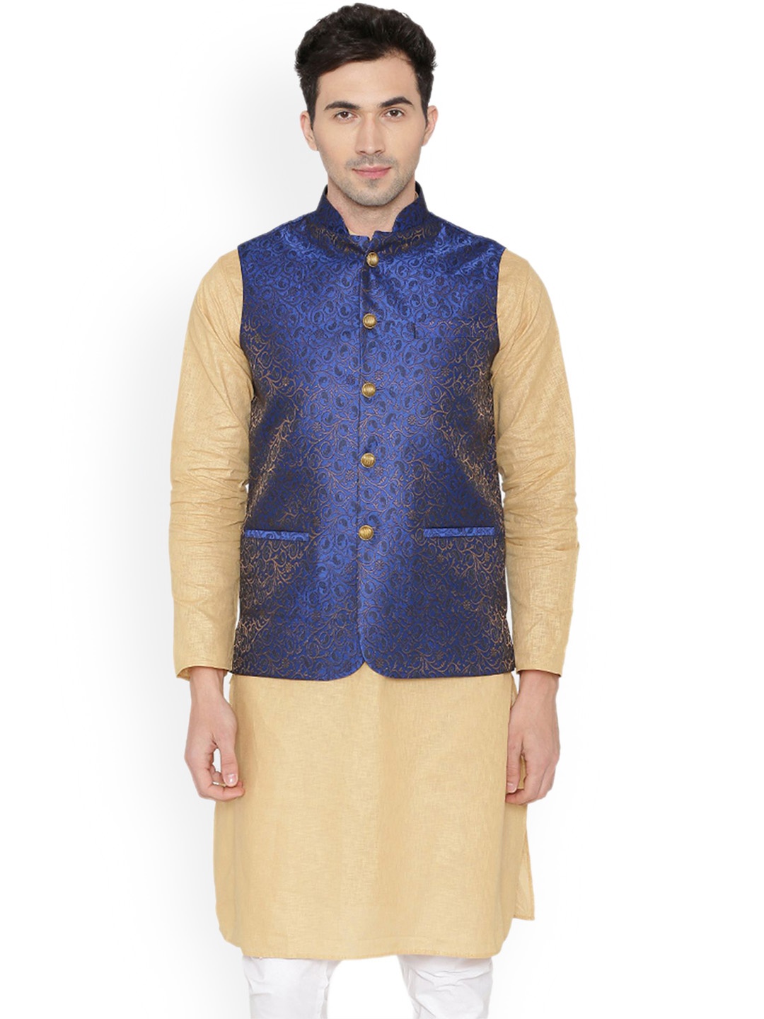 

Wintage Mandarin Collar Straight Kurta with Pyjamas & Nehru Jacket, Cream