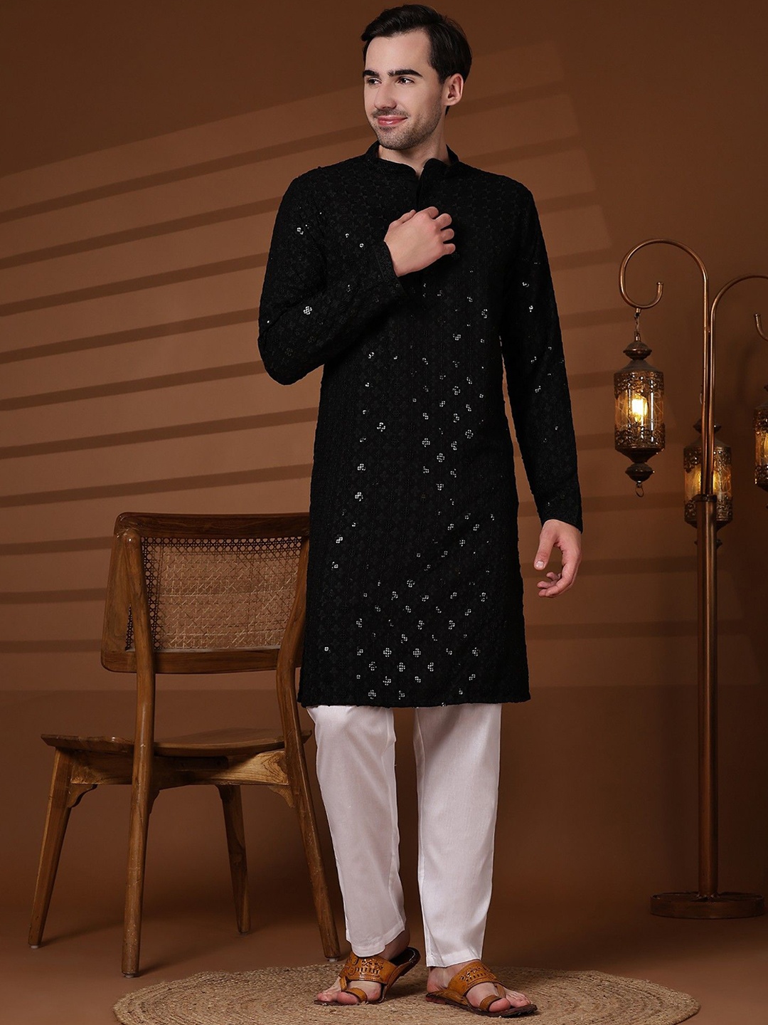 

SKAVIJ Ethnic Motifs Embroidered Sequinned Pure Cotton Kurta with Pyjama, Black