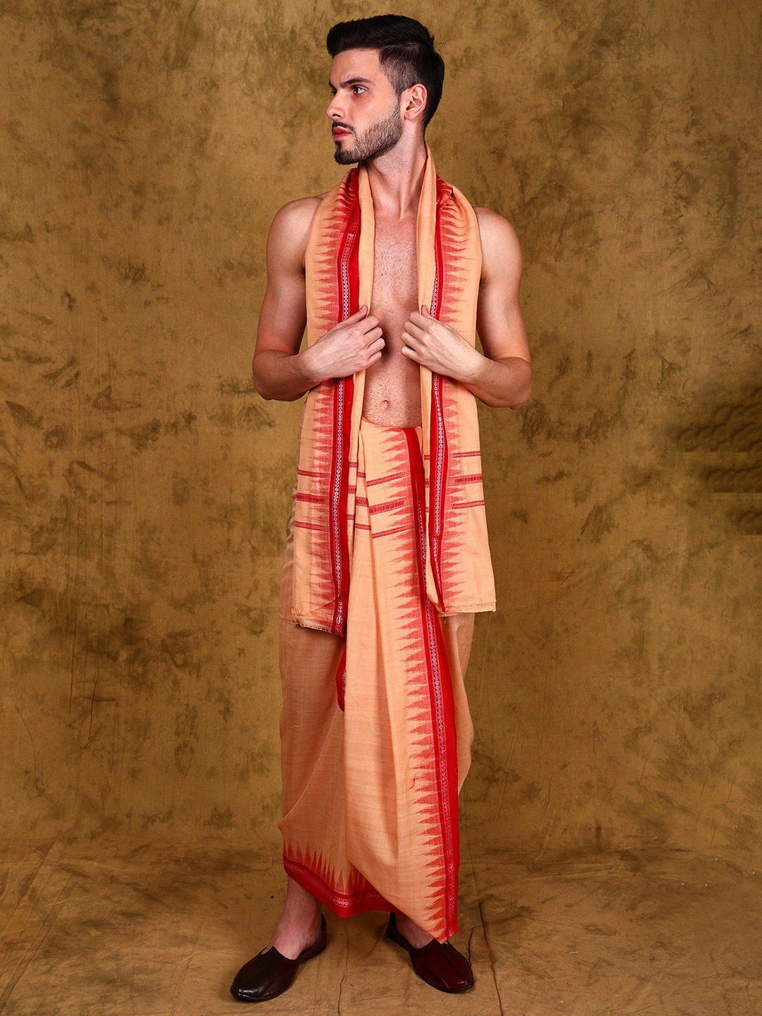 

Exotic India Pure Cotton Sambalpuri Dhoti And Angavastram Set with Temple Border, Cream