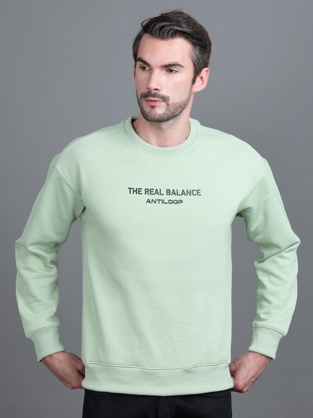 

Antiloop Men Printed Drop Shoulder Round Neck Sweatshirt, Green