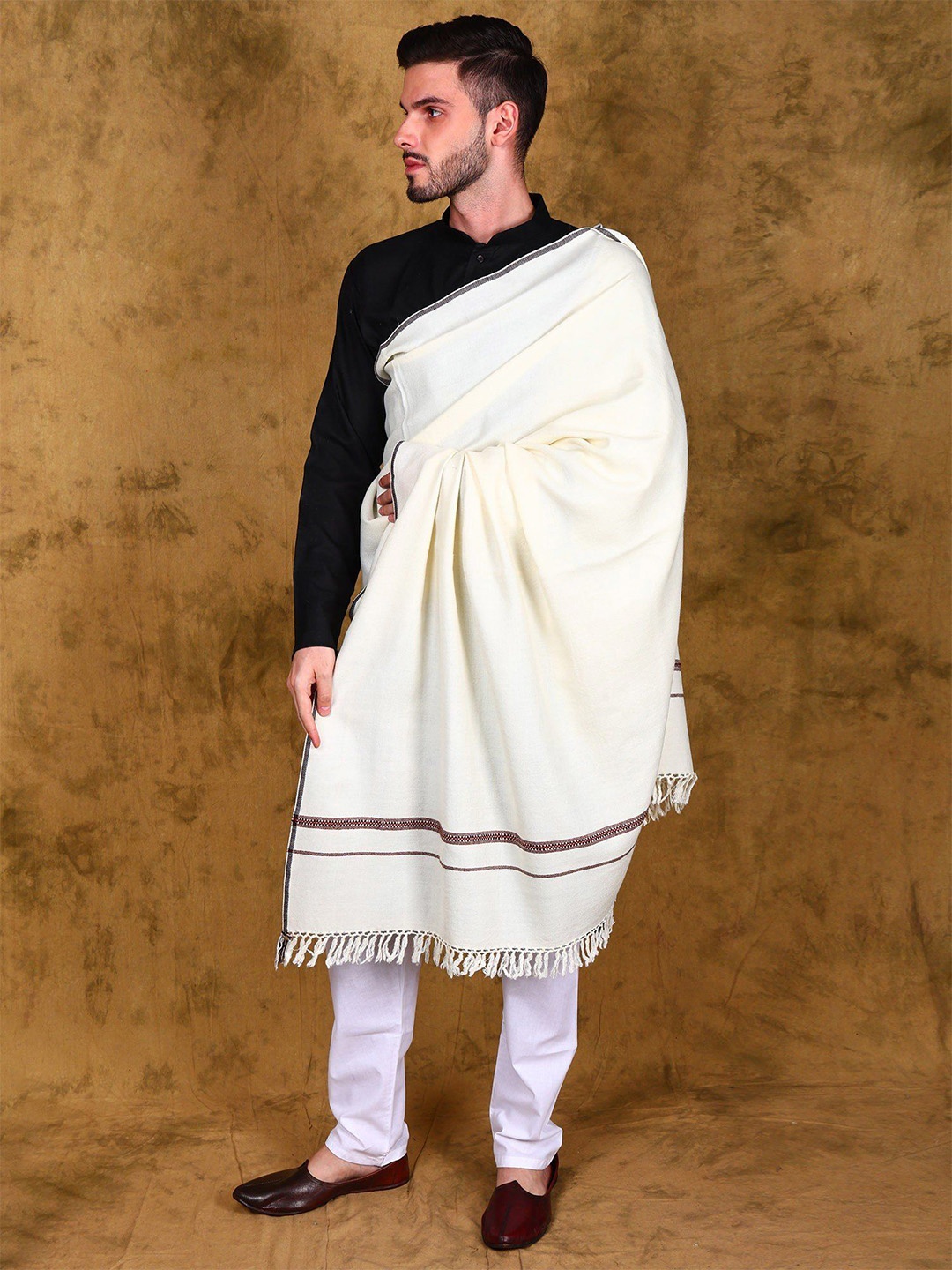 

Exotic India Embroidered Border Handspun Men's Dushala Kullu Woollen Shawl Lohi Shawl, Off white