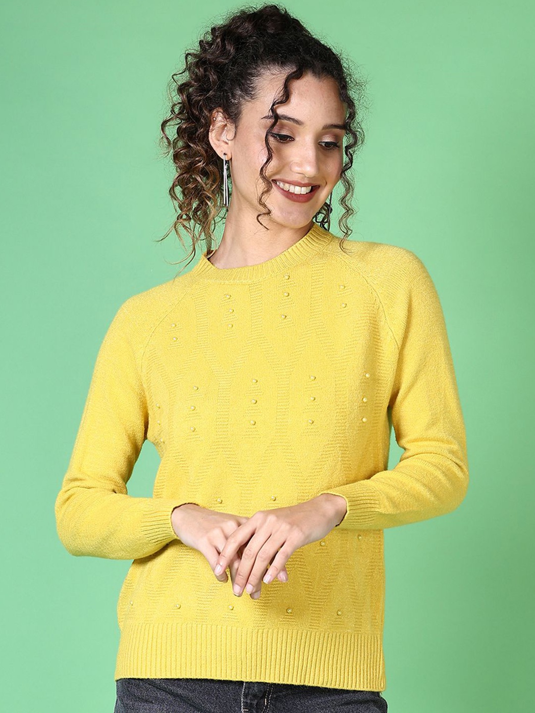 

V-Mart Women Cotton Embellished Round Neck Long Sleeves Pullover Sweaters, Yellow
