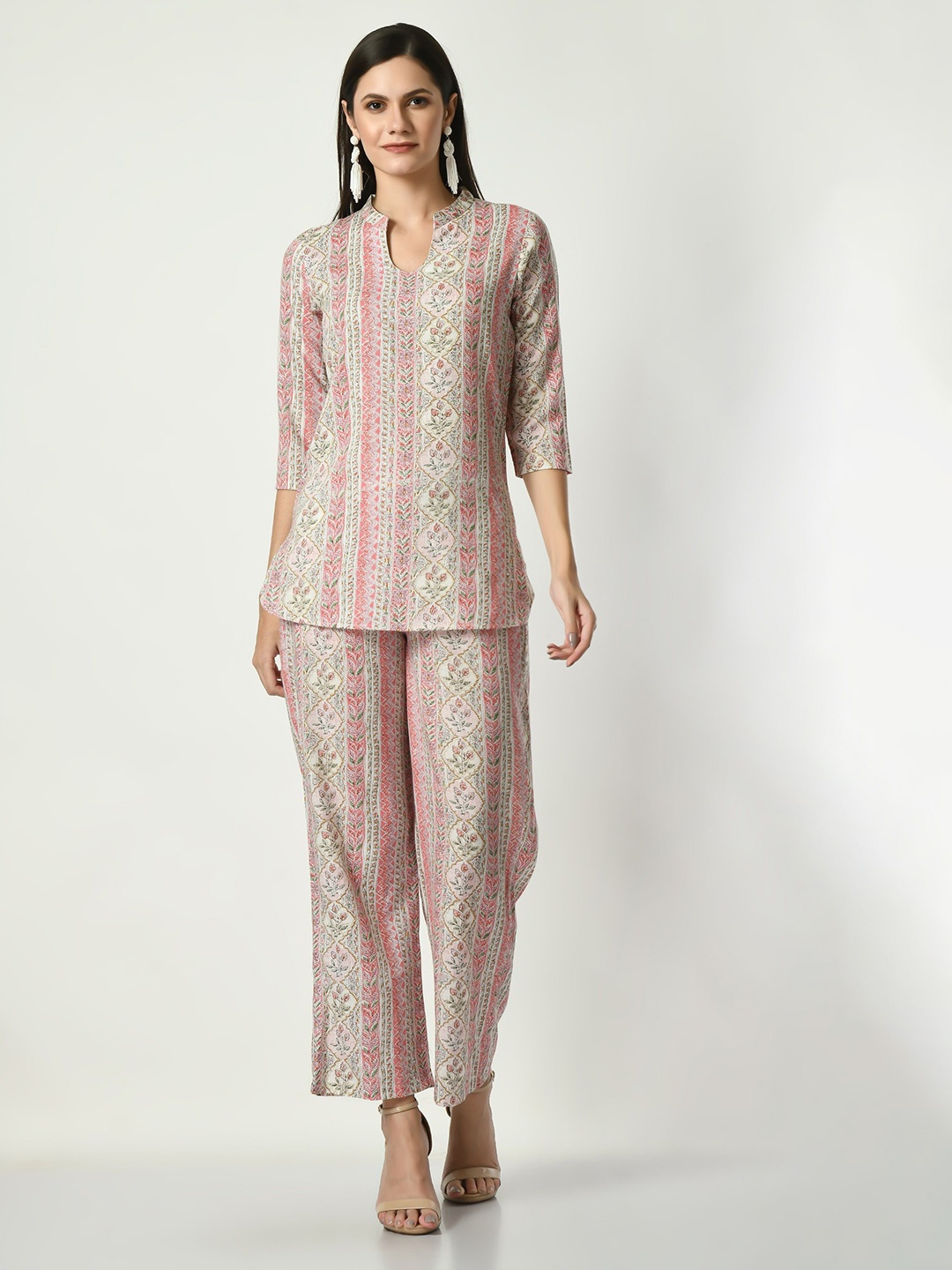 

VAPPSYAM Printed Pure Cotton Tunic With Trouser Co-Ords, Pink