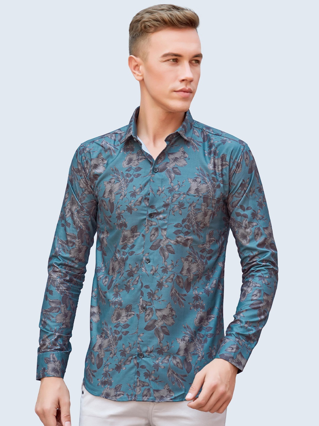 

FashionX Men Classic Slim Fit Floral Opaque Printed Party Shirt, Teal