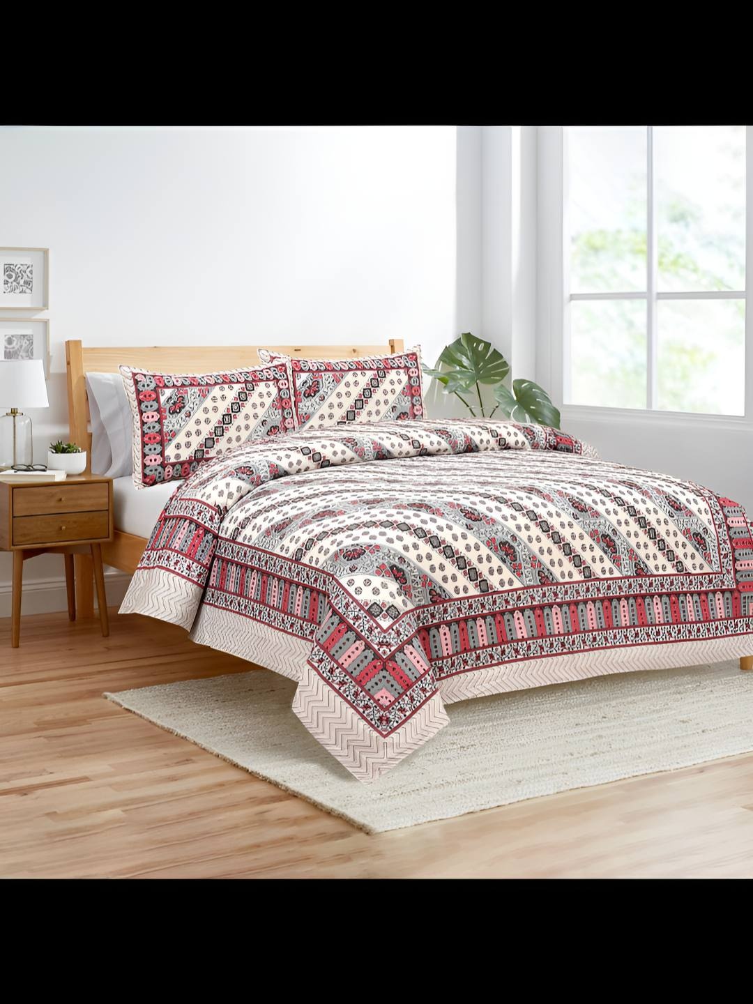 

BED-SHEET.COM Pink & White Geometric 180 TC King Bedsheet with 2 Pillow Covers