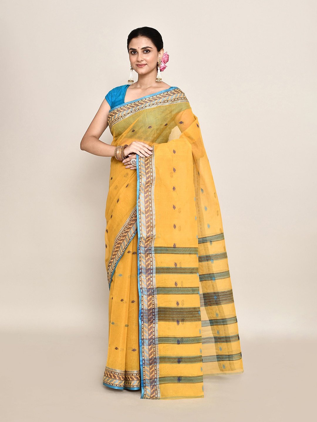 

PUKU Woven Design Pure Cotton Taant Saree, Mustard