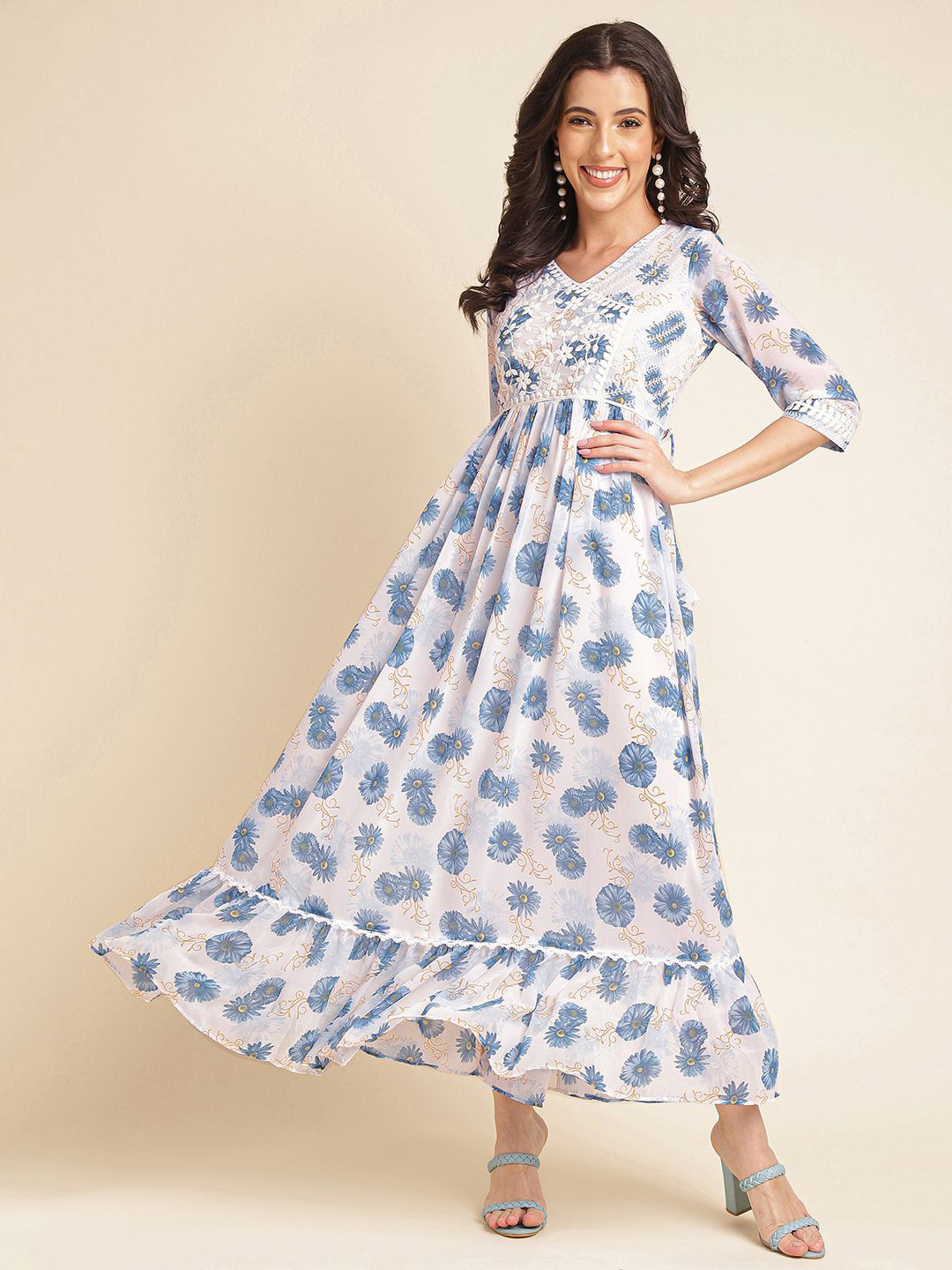 

DressBerry Women Embroidered V-Neck Three-Quarter Sleeves Fit & Flare Maxi Dress, White